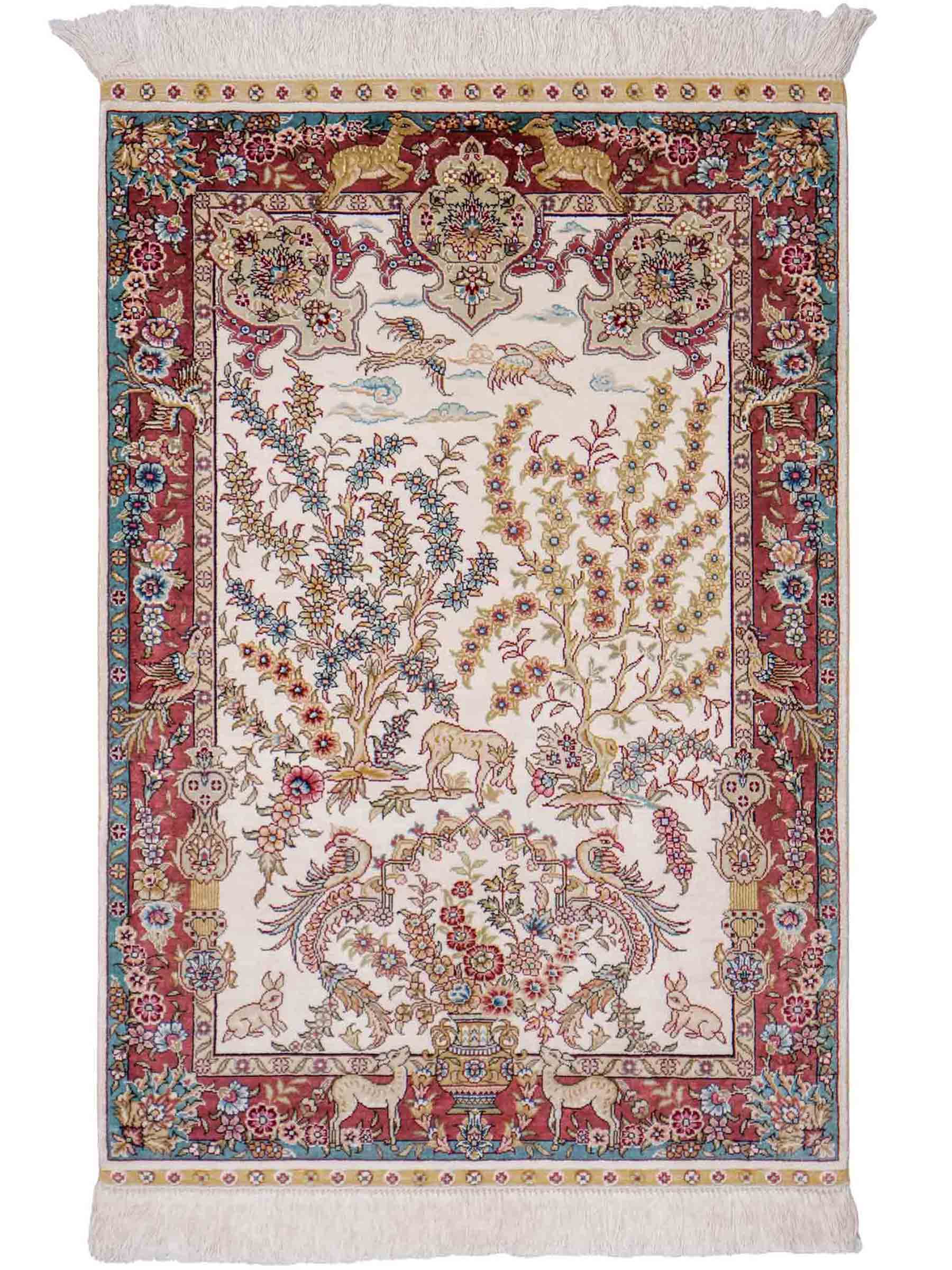 Sehr feiner, handgeknüpfter Khademi Orientteppich mit Hereke Design aus reiner Seide, creme, weiß, rosa, blau. 92x63 cm. Vertrieb durch Jupiter Intl.
