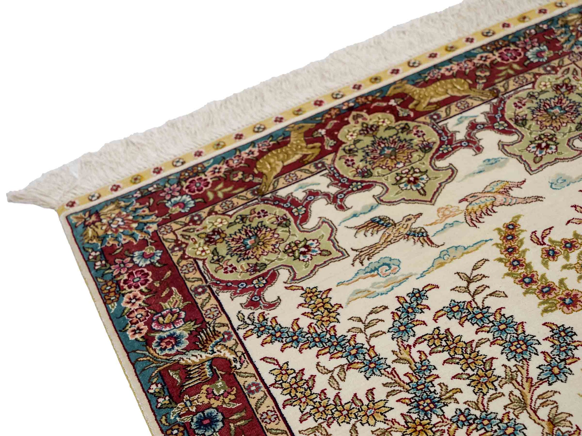 Sehr feiner, handgeknüpfter Khademi Orientteppich mit Hereke Design aus reiner Seide, creme, weiß, rosa, blau. 92x63 cm. Vertrieb durch Jupiter Intl.