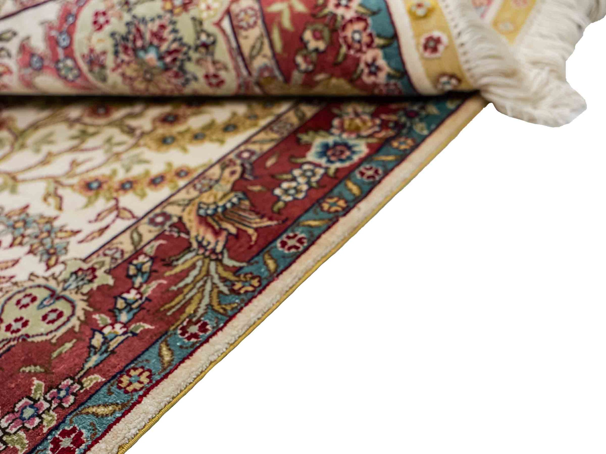Sehr feiner, handgeknüpfter Khademi Orientteppich mit Hereke Design aus reiner Seide, creme, weiß, rosa, blau. 92x63 cm. Vertrieb durch Jupiter Intl.