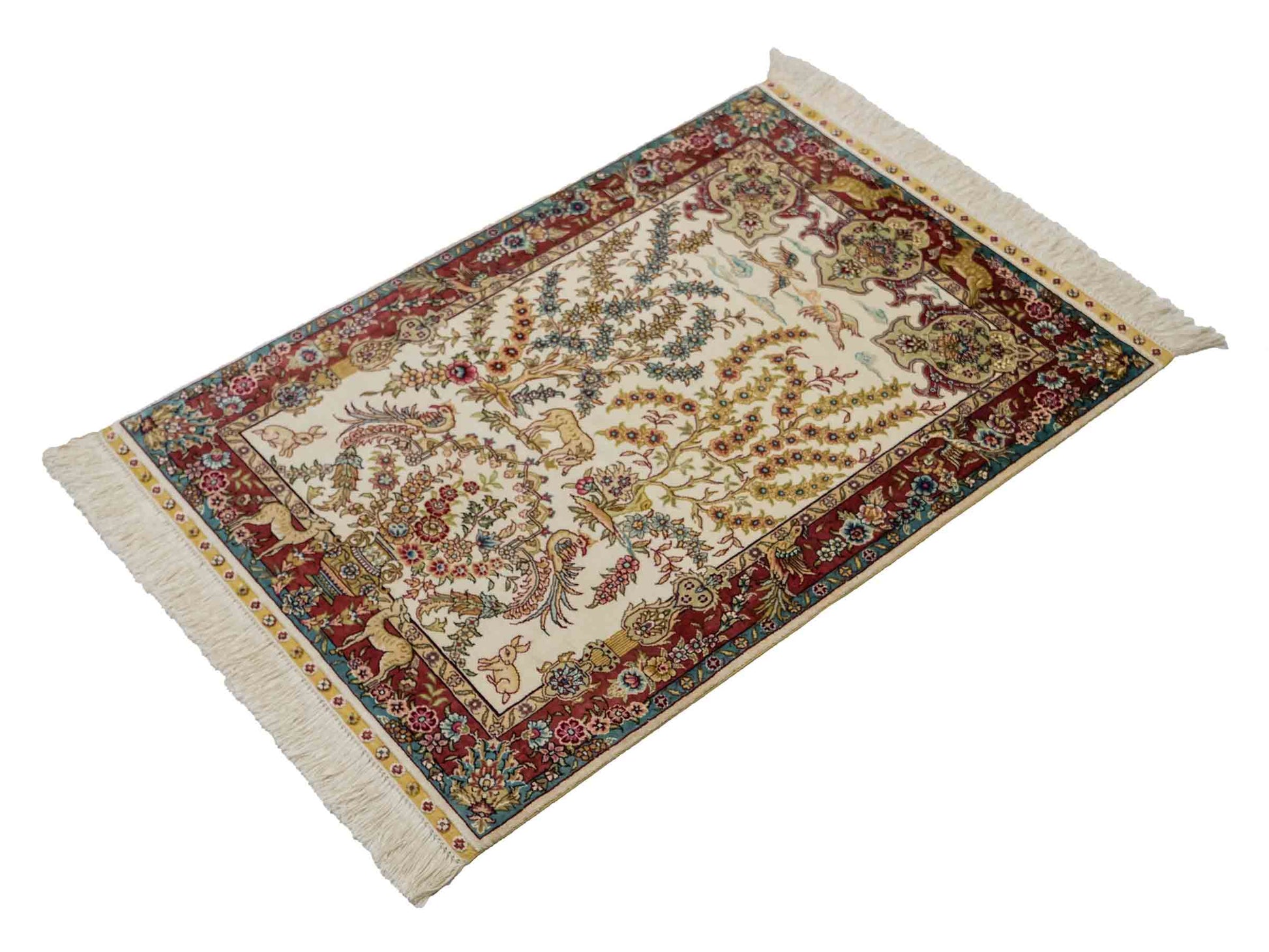 Sehr feiner, handgeknüpfter Khademi Orientteppich mit Hereke Design aus reiner Seide, creme, weiß, rosa, blau. 92x63 cm. Vertrieb durch Jupiter Intl.
