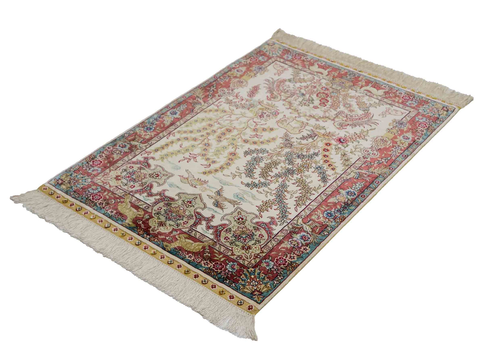 Sehr feiner, handgeknüpfter Khademi Orientteppich mit Hereke Design aus reiner Seide, creme, weiß, rosa, blau. 92x63 cm. Vertrieb durch Jupiter Intl.