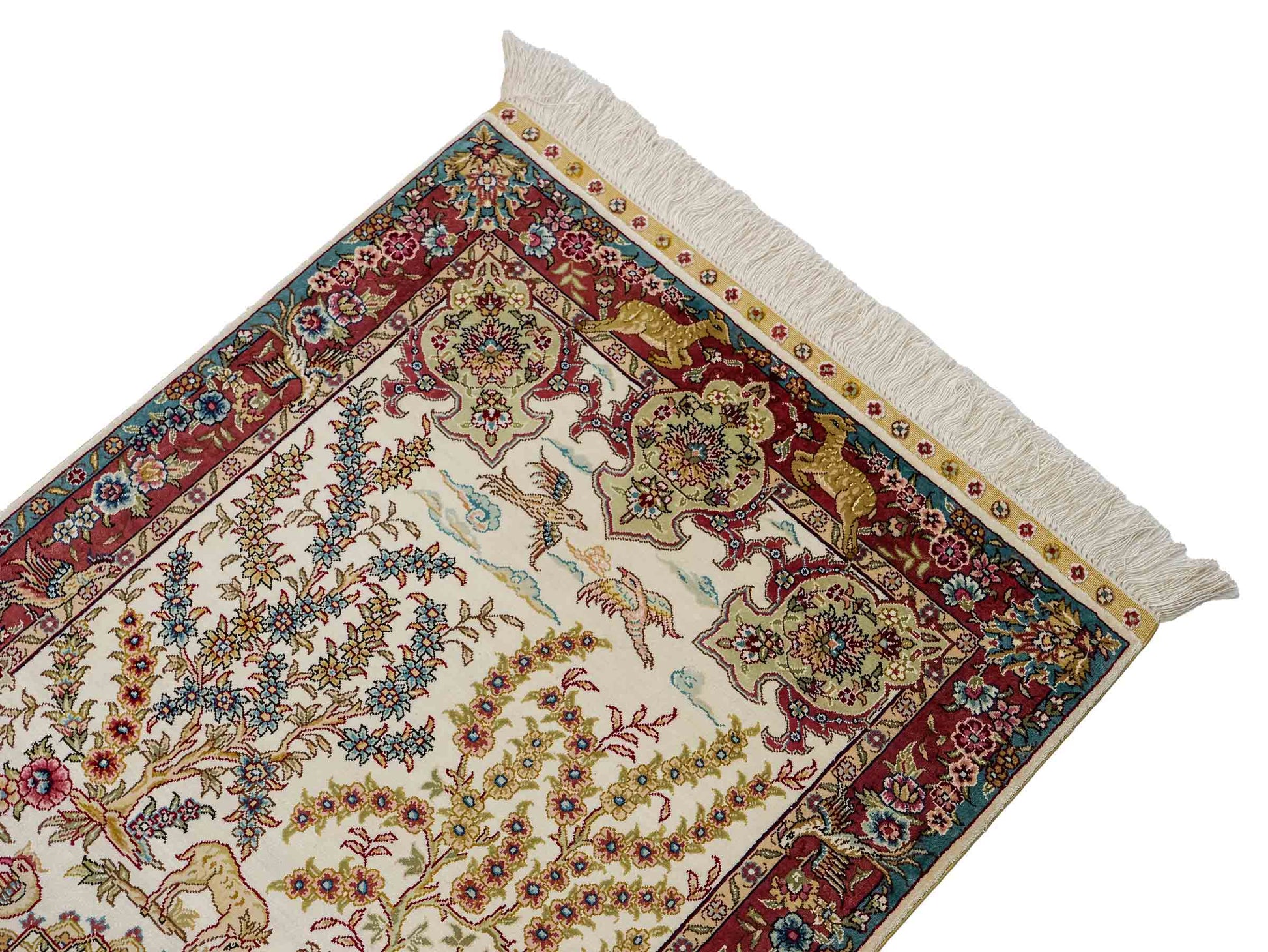 Sehr feiner, handgeknüpfter Khademi Orientteppich mit Hereke Design aus reiner Seide, creme, weiß, rosa, blau. 92x63 cm. Vertrieb durch Jupiter Intl.