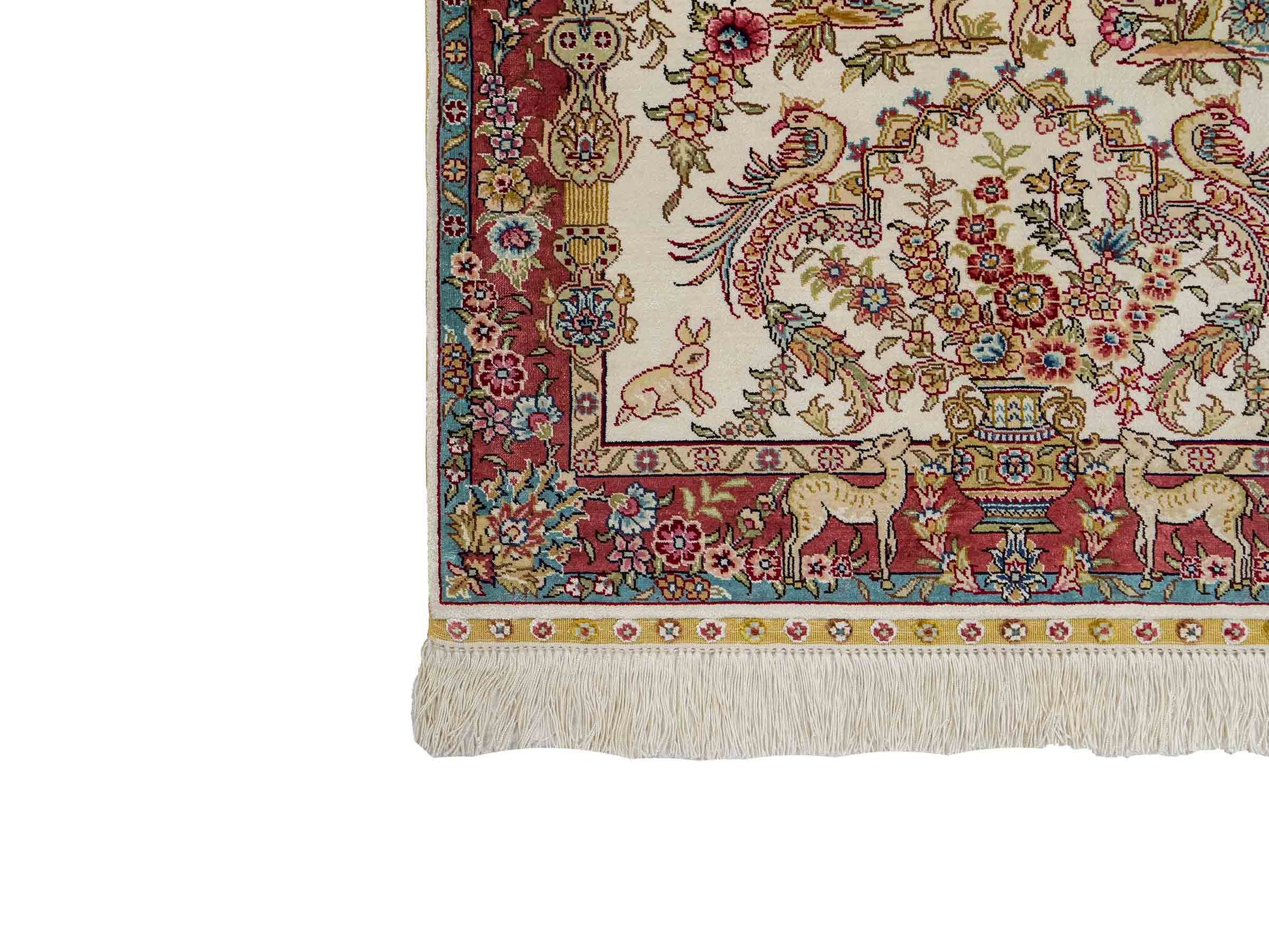 Sehr feiner, handgeknüpfter Khademi Orientteppich mit Hereke Design aus reiner Seide, creme, weiß, rosa, blau. 92x63 cm. Vertrieb durch Jupiter Intl.