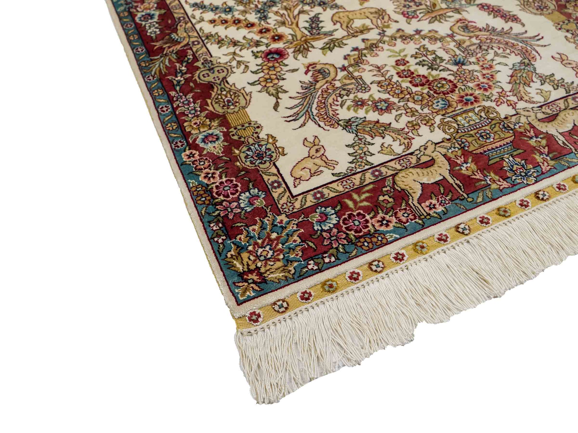 Sehr feiner, handgeknüpfter Khademi Orientteppich mit Hereke Design aus reiner Seide, creme, weiß, rosa, blau. 92x63 cm. Vertrieb durch Jupiter Intl.