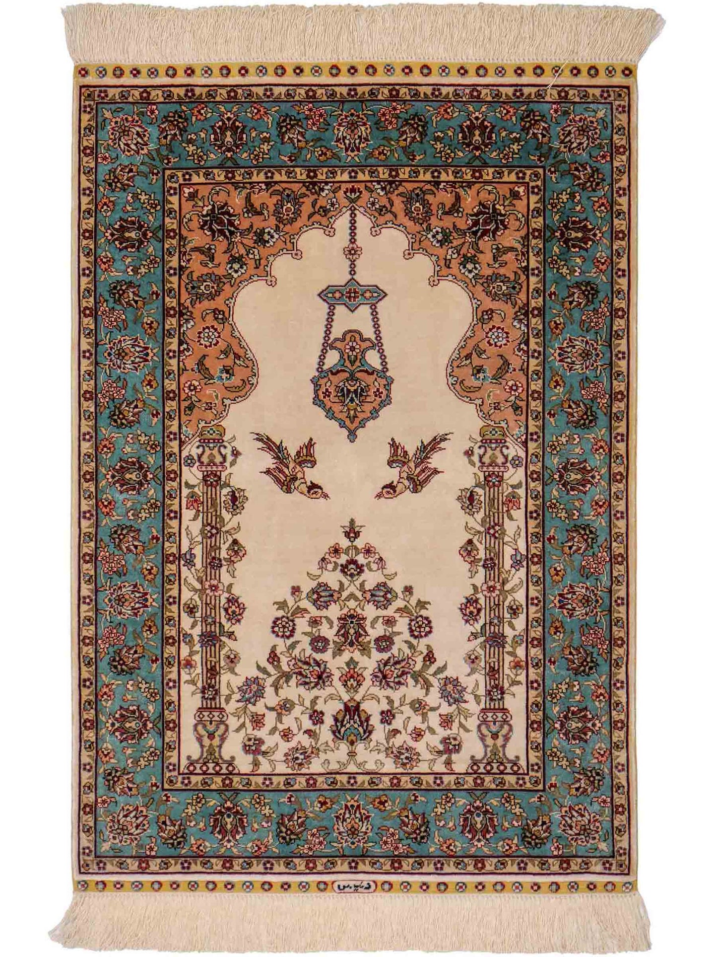 Sehr feiner, handgeknüpfter Khademi Orientteppich mit Hereke Design aus reiner Seide, creme, weiß, blau. 92x63 cm. Vertrieb durch Jupiter Intl.