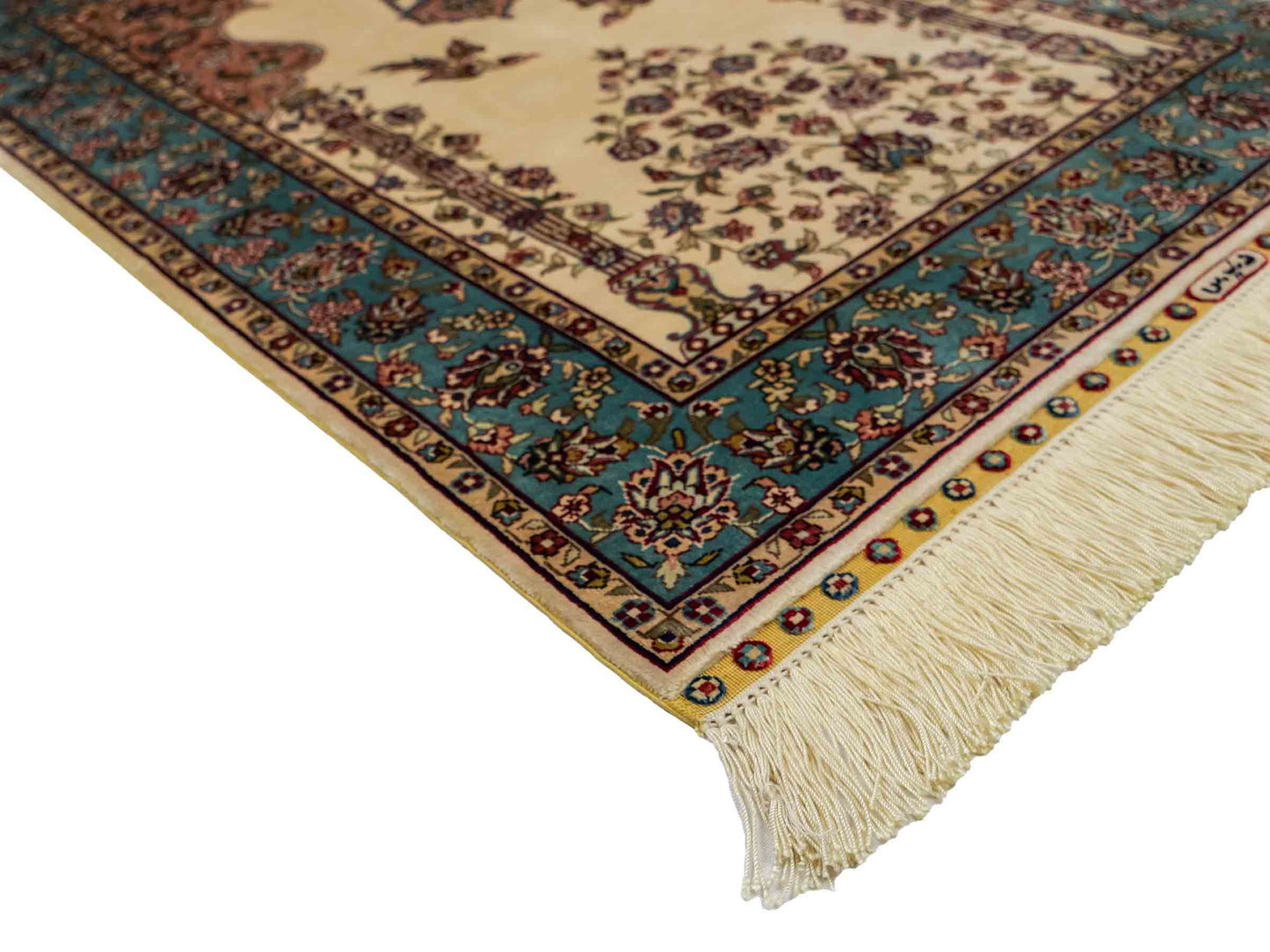 Sehr feiner, handgeknüpfter Khademi Orientteppich mit Hereke Design aus reiner Seide, creme, weiß, blau. 92x63 cm. Vertrieb durch Jupiter Intl.