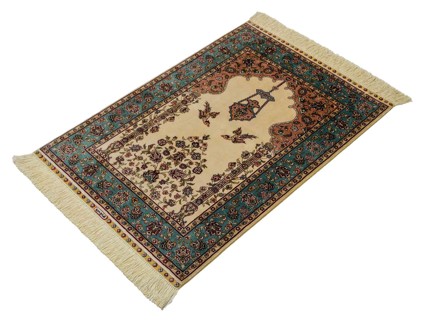 Sehr feiner, handgeknüpfter Khademi Orientteppich mit Hereke Design aus reiner Seide, creme, weiß, blau. 92x63 cm. Vertrieb durch Jupiter Intl.
