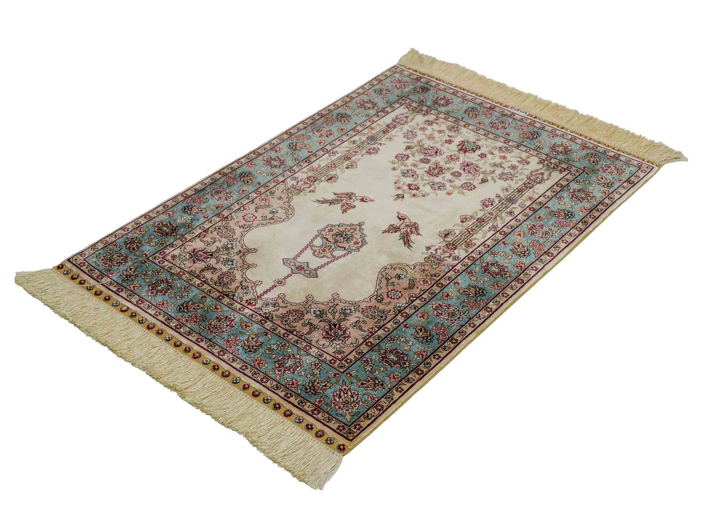 Sehr feiner, handgeknüpfter Khademi Orientteppich mit Hereke Design aus reiner Seide, creme, weiß, blau. 92x63 cm. Vertrieb durch Jupiter Intl.