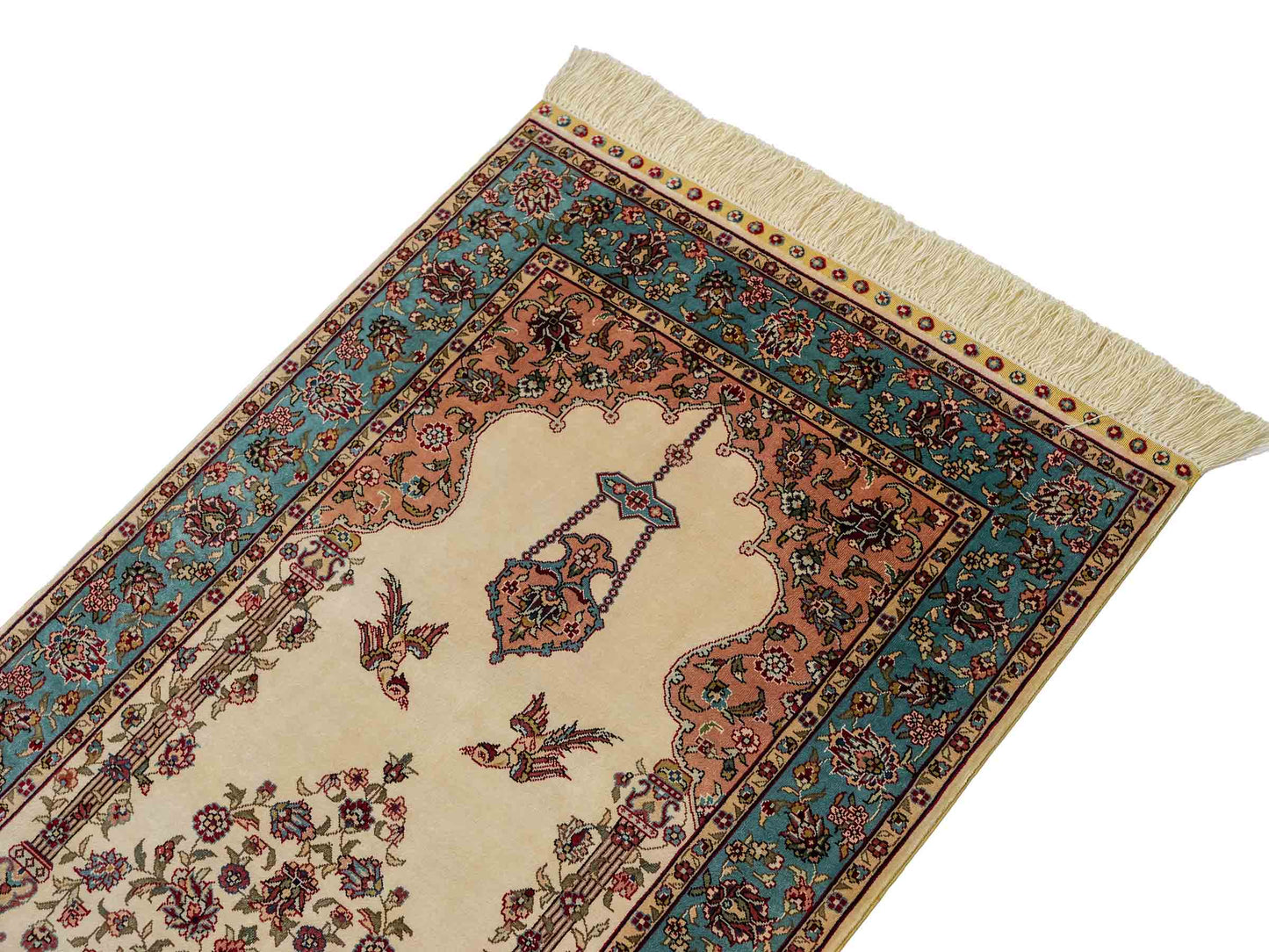 Sehr feiner, handgeknüpfter Khademi Orientteppich mit Hereke Design aus reiner Seide, creme, weiß, blau. 92x63 cm. Vertrieb durch Jupiter Intl.