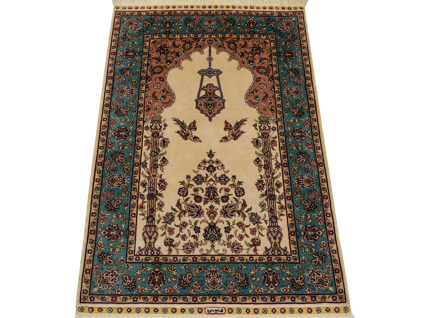 Sehr feiner, handgeknüpfter Khademi Orientteppich mit Hereke Design aus reiner Seide, creme, weiß, blau. 92x63 cm. Vertrieb durch Jupiter Intl.