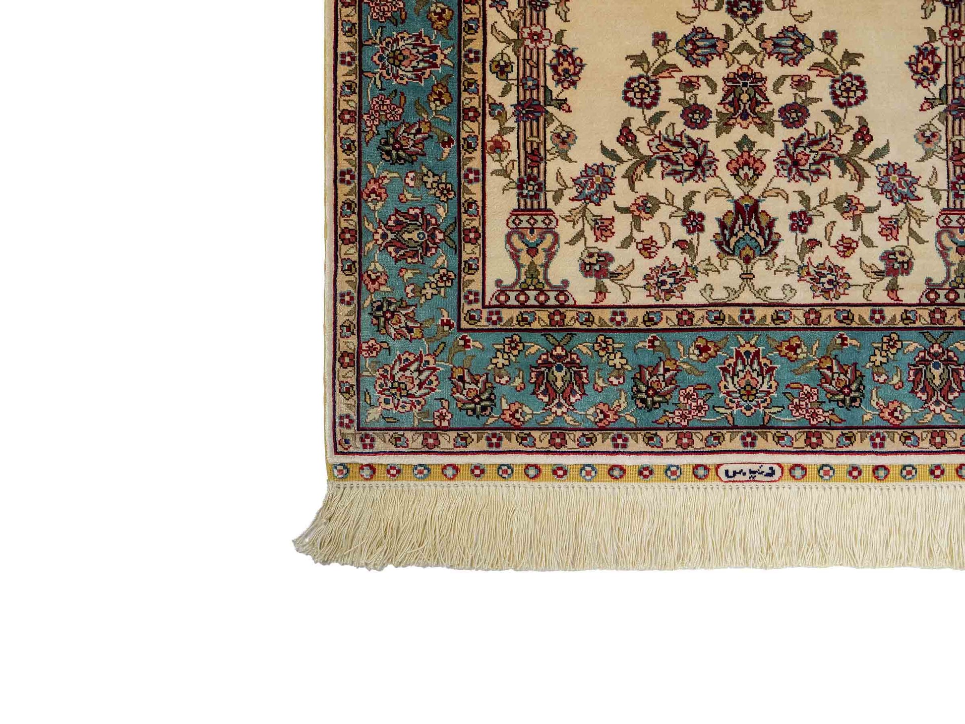 Sehr feiner, handgeknüpfter Khademi Orientteppich mit Hereke Design aus reiner Seide, creme, weiß, blau. 92x63 cm. Vertrieb durch Jupiter Intl.