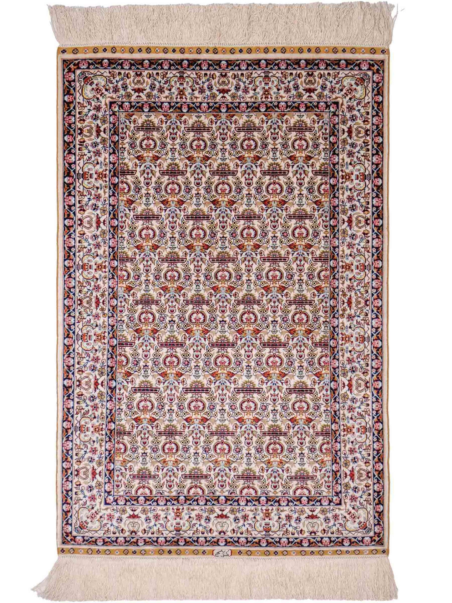 Sehr feiner, handgeknüpfter Khademi Orientteppich mit Hereke Design aus reiner Seide, weiß, creme. 93x61 cm. Vertrieb durch Jupiter Intl.