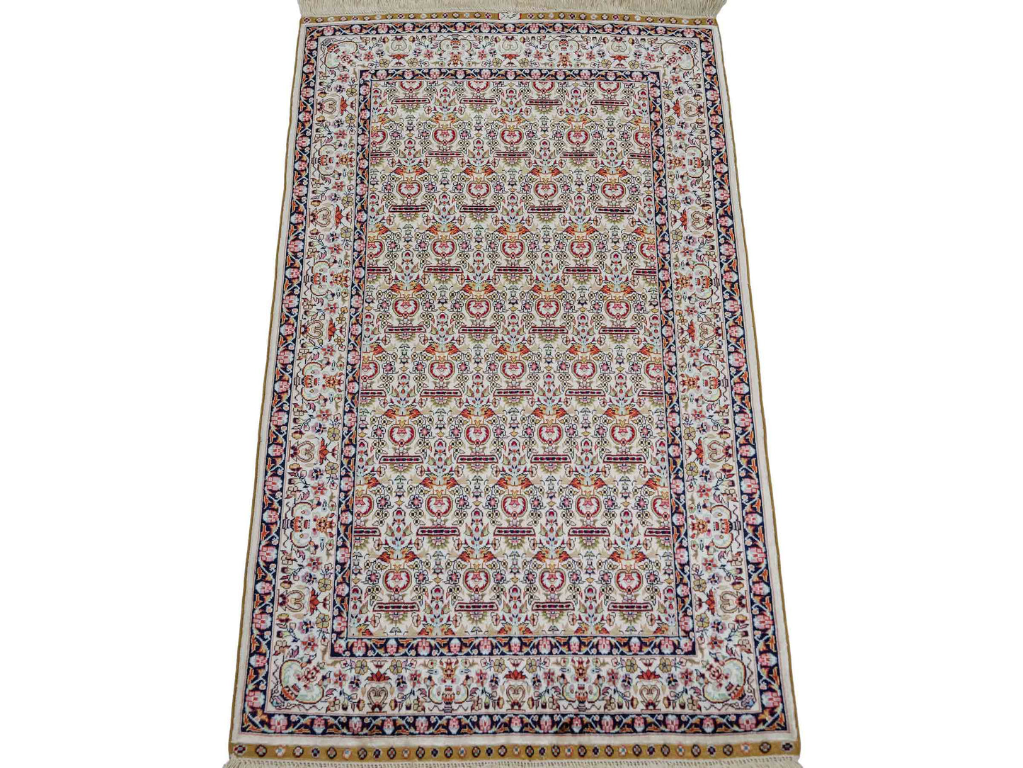Sehr feiner, handgeknüpfter Khademi Orientteppich mit Hereke Design aus reiner Seide, weiß, creme. 93x61 cm. Vertrieb durch Jupiter Intl.
