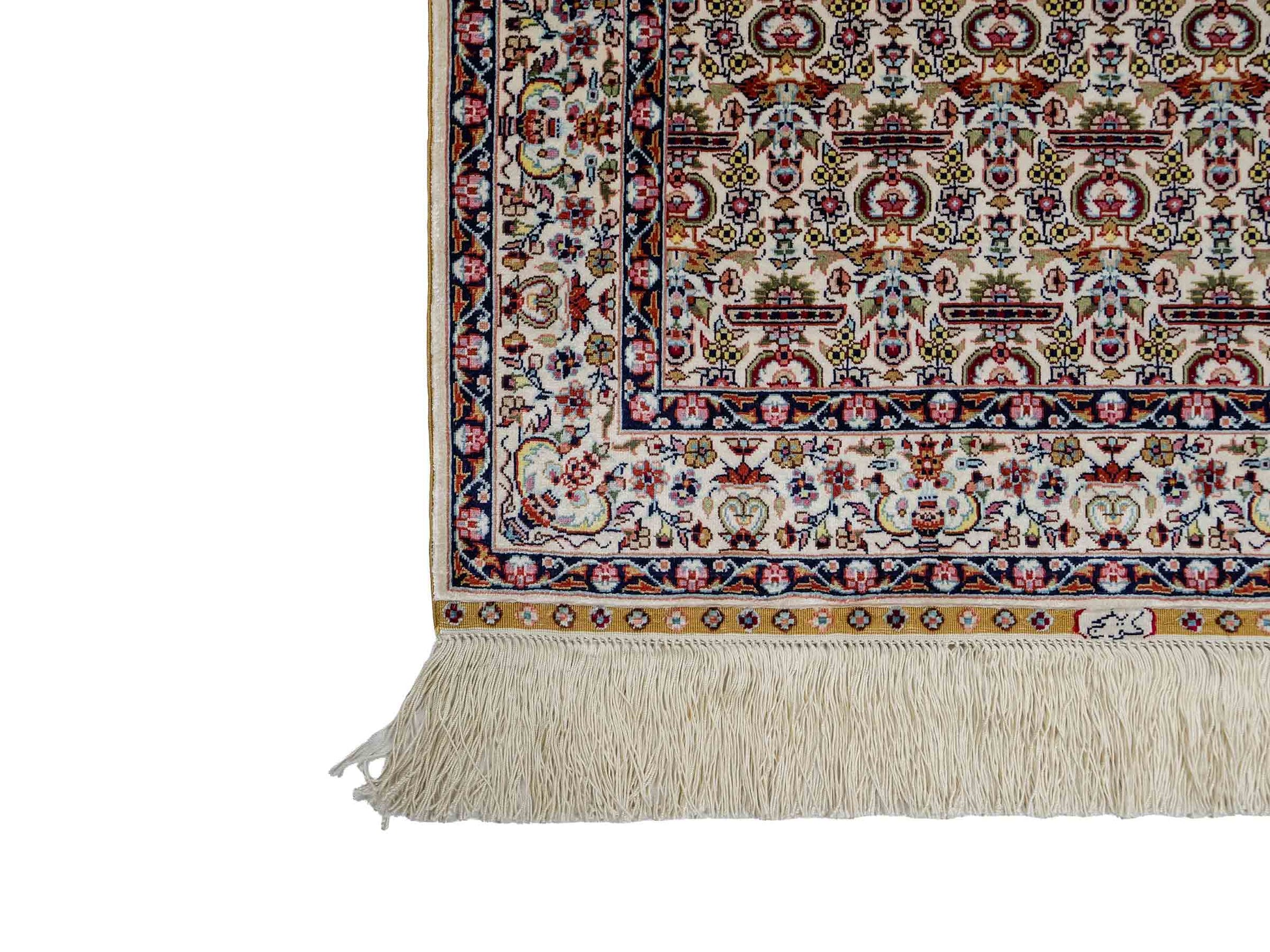 Sehr feiner, handgeknüpfter Khademi Orientteppich mit Hereke Design aus reiner Seide, weiß, creme. 93x61 cm. Vertrieb durch Jupiter Intl.