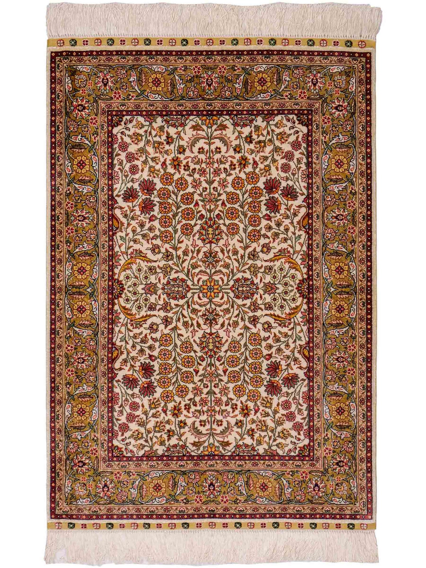 Sehr feiner, handgeknüpfter Khademi Orientteppich mit Hereke Design aus reiner Seide, creme, beige, weiß. 93x63 cm. Vertrieb durch Jupiter Intl.