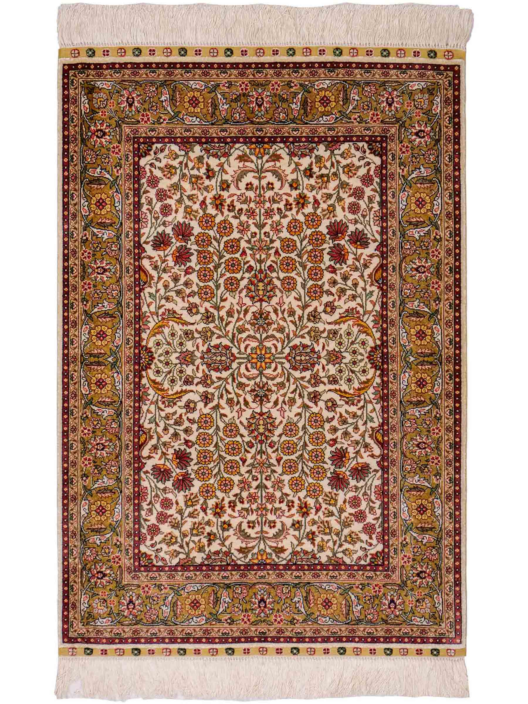 Sehr feiner, handgeknüpfter Khademi Orientteppich mit Hereke Design aus reiner Seide, creme, beige, weiß. 93x63 cm. Vertrieb durch Jupiter Intl.