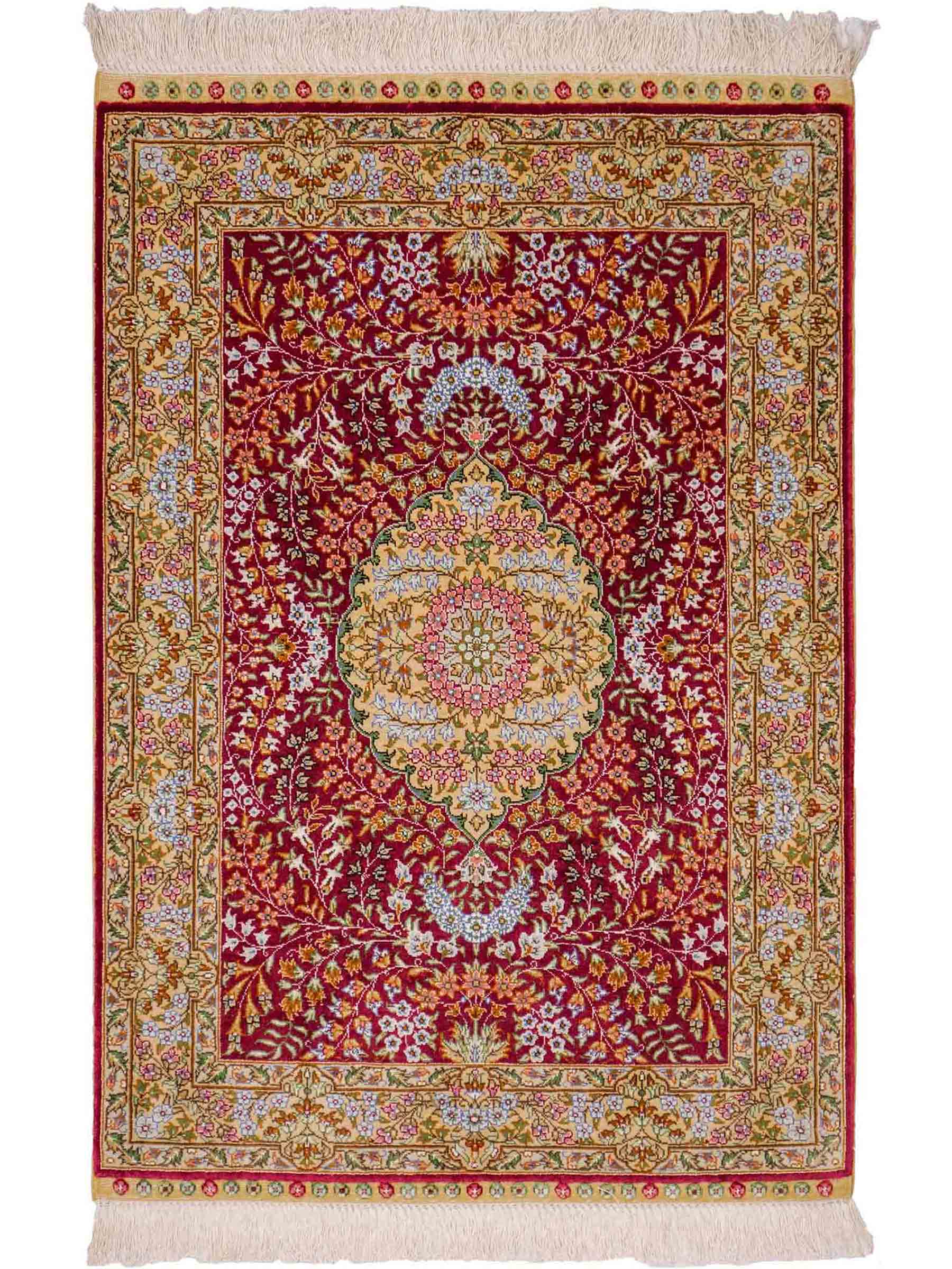 Sehr feiner, handgeknüpfter Khademi Orientteppich mit Hereke Design aus reiner Seide, rot, creme. 93x63 cm. Vertrieb durch Jupiter Intl.