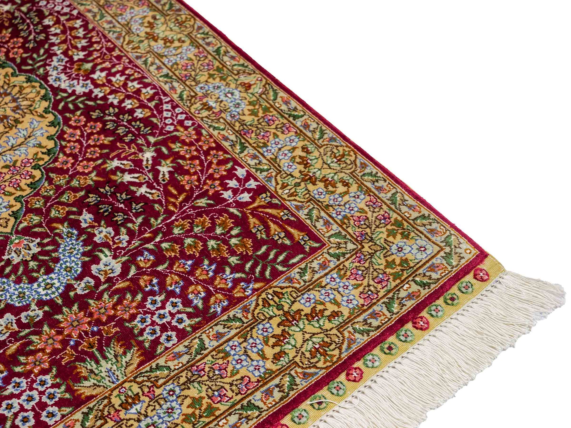 Sehr feiner, handgeknüpfter Khademi Orientteppich mit Hereke Design aus reiner Seide, rot, creme. 93x63 cm. Vertrieb durch Jupiter Intl.