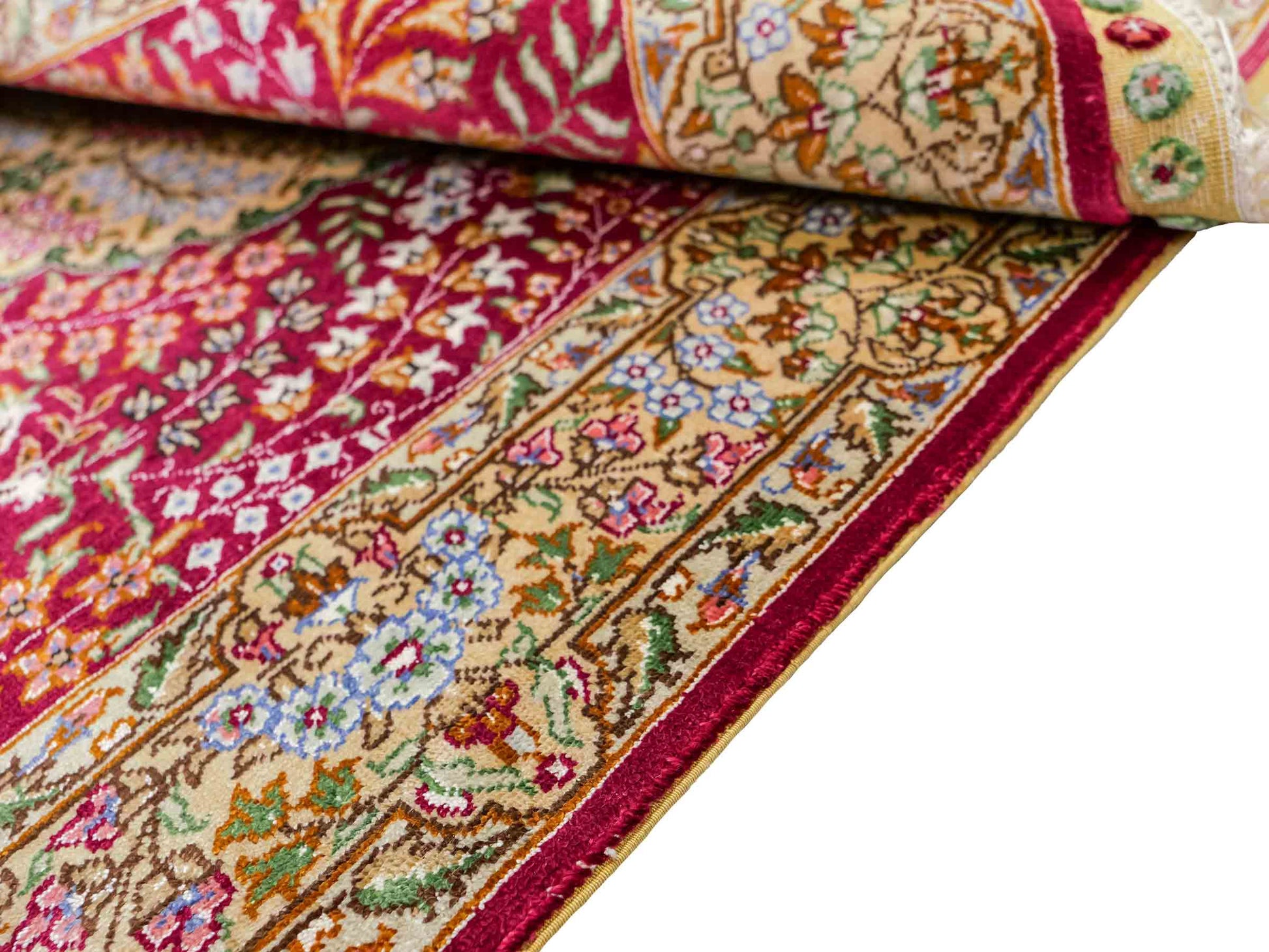 Sehr feiner, handgeknüpfter Khademi Orientteppich mit Hereke Design aus reiner Seide, rot, creme. 93x63 cm. Vertrieb durch Jupiter Intl.