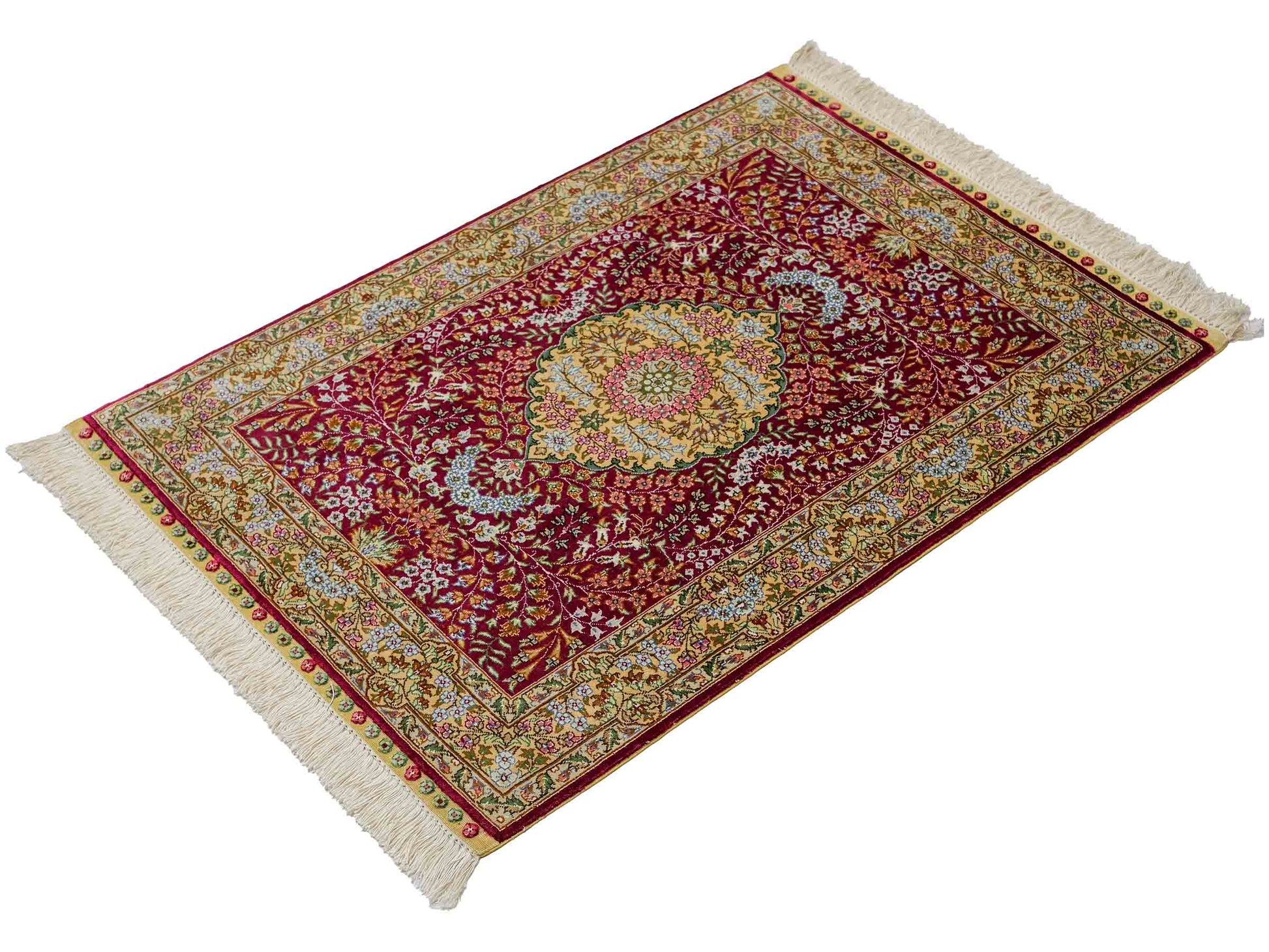 Sehr feiner, handgeknüpfter Khademi Orientteppich mit Hereke Design aus reiner Seide, rot, creme. 93x63 cm. Vertrieb durch Jupiter Intl.