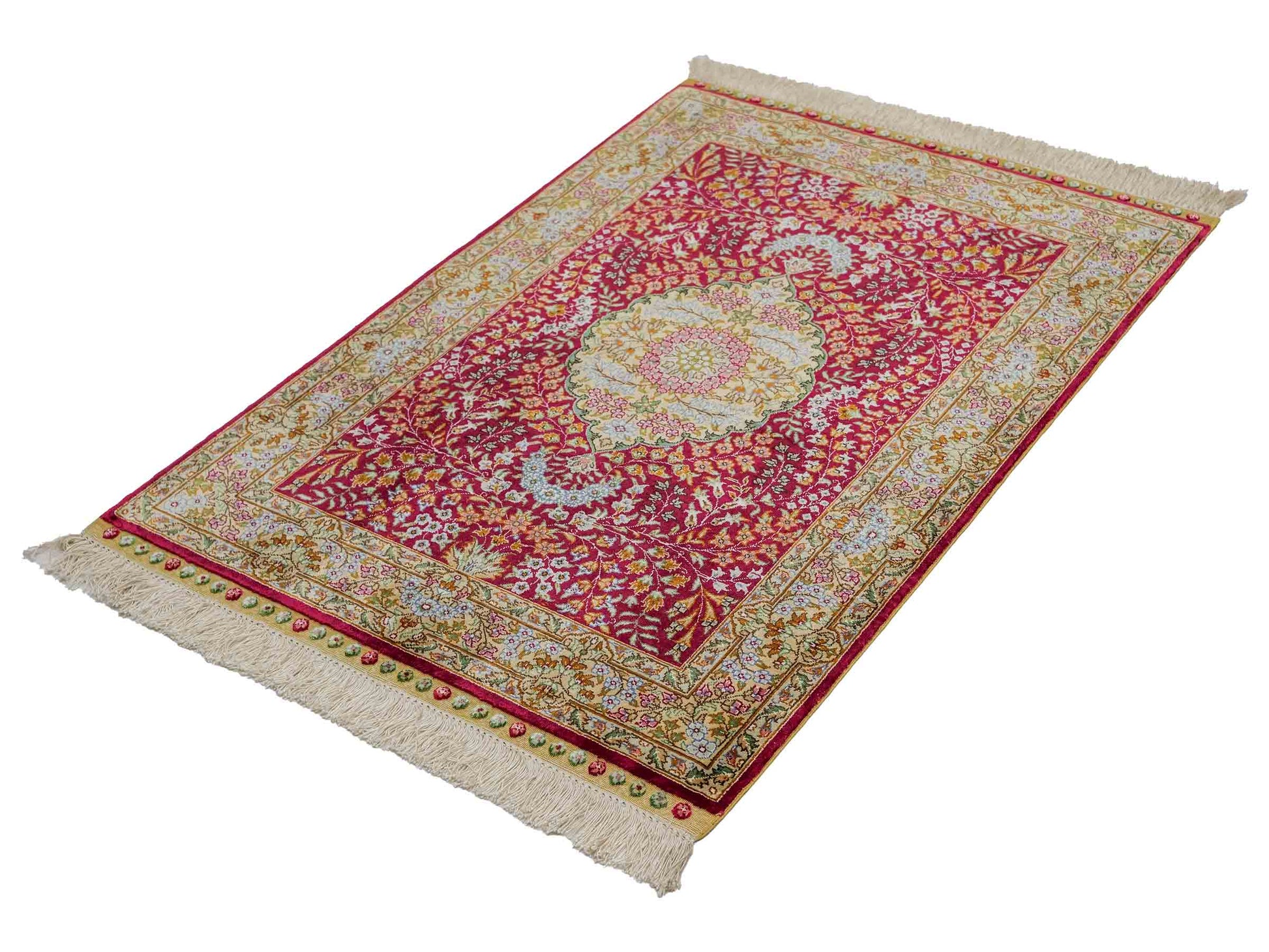 Sehr feiner, handgeknüpfter Khademi Orientteppich mit Hereke Design aus reiner Seide, rot, creme. 93x63 cm. Vertrieb durch Jupiter Intl.