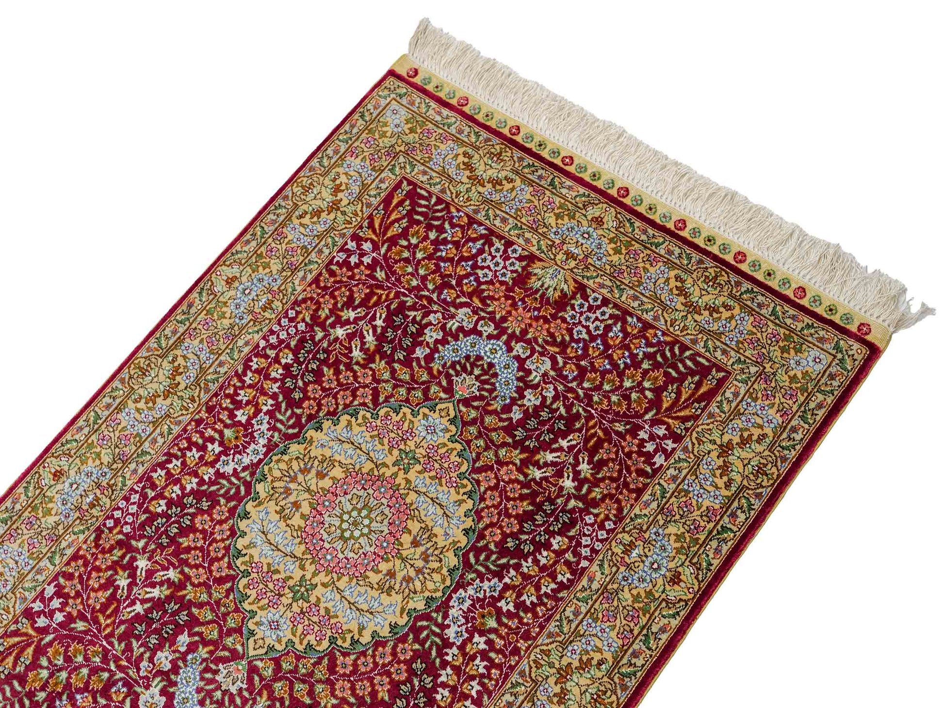 Sehr feiner, handgeknüpfter Khademi Orientteppich mit Hereke Design aus reiner Seide, rot, creme. 93x63 cm. Vertrieb durch Jupiter Intl.