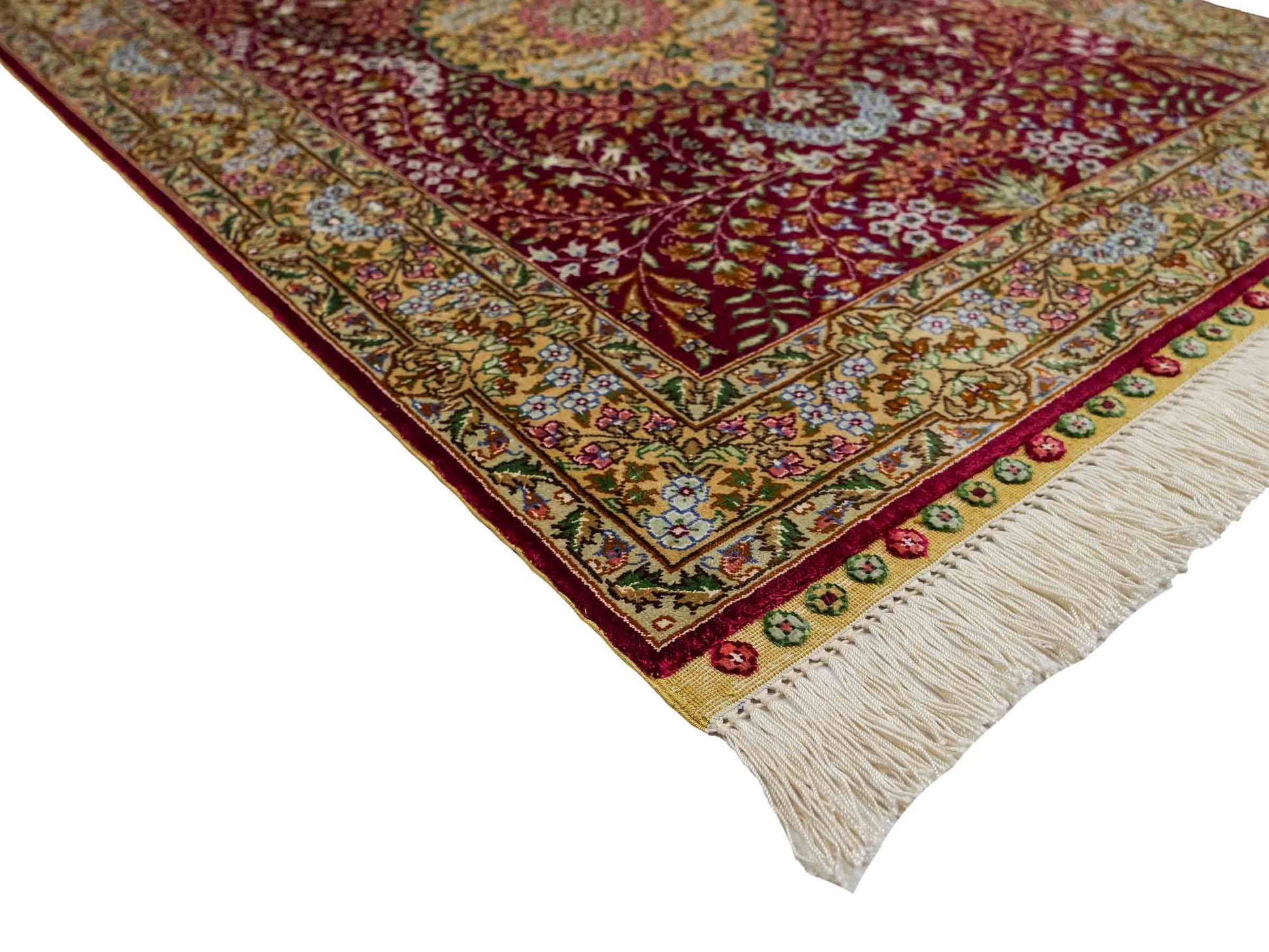 Sehr feiner, handgeknüpfter Khademi Orientteppich mit Hereke Design aus reiner Seide, rot, creme. 93x63 cm. Vertrieb durch Jupiter Intl.