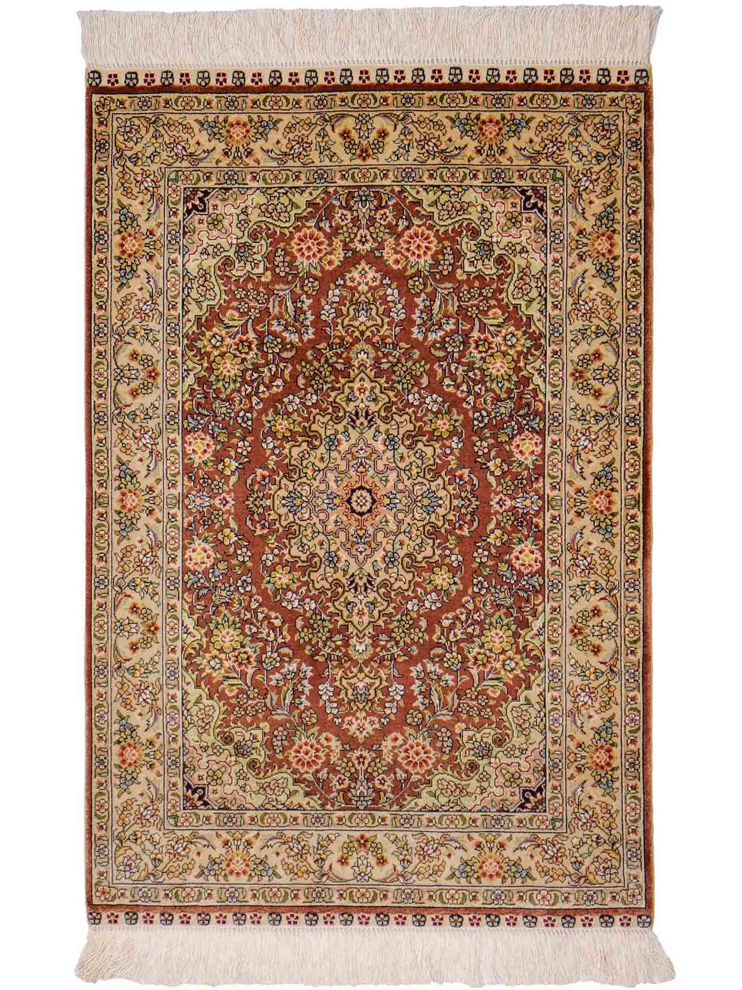 Sehr feiner, handgeknüpfter Khademi Orientteppich mit Hereke Design aus reiner Seide, rosa, creme. 93x63 cm. Vertrieb durch Jupiter Intl.