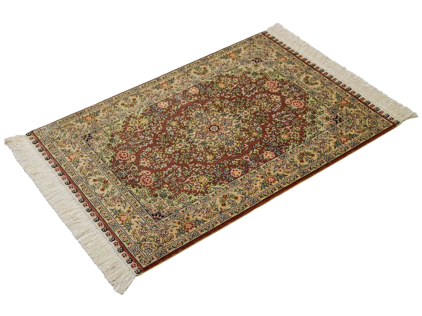 Sehr feiner, handgeknüpfter Khademi Orientteppich mit Hereke Design aus reiner Seide, rosa, creme. 93x63 cm. Vertrieb durch Jupiter Intl.