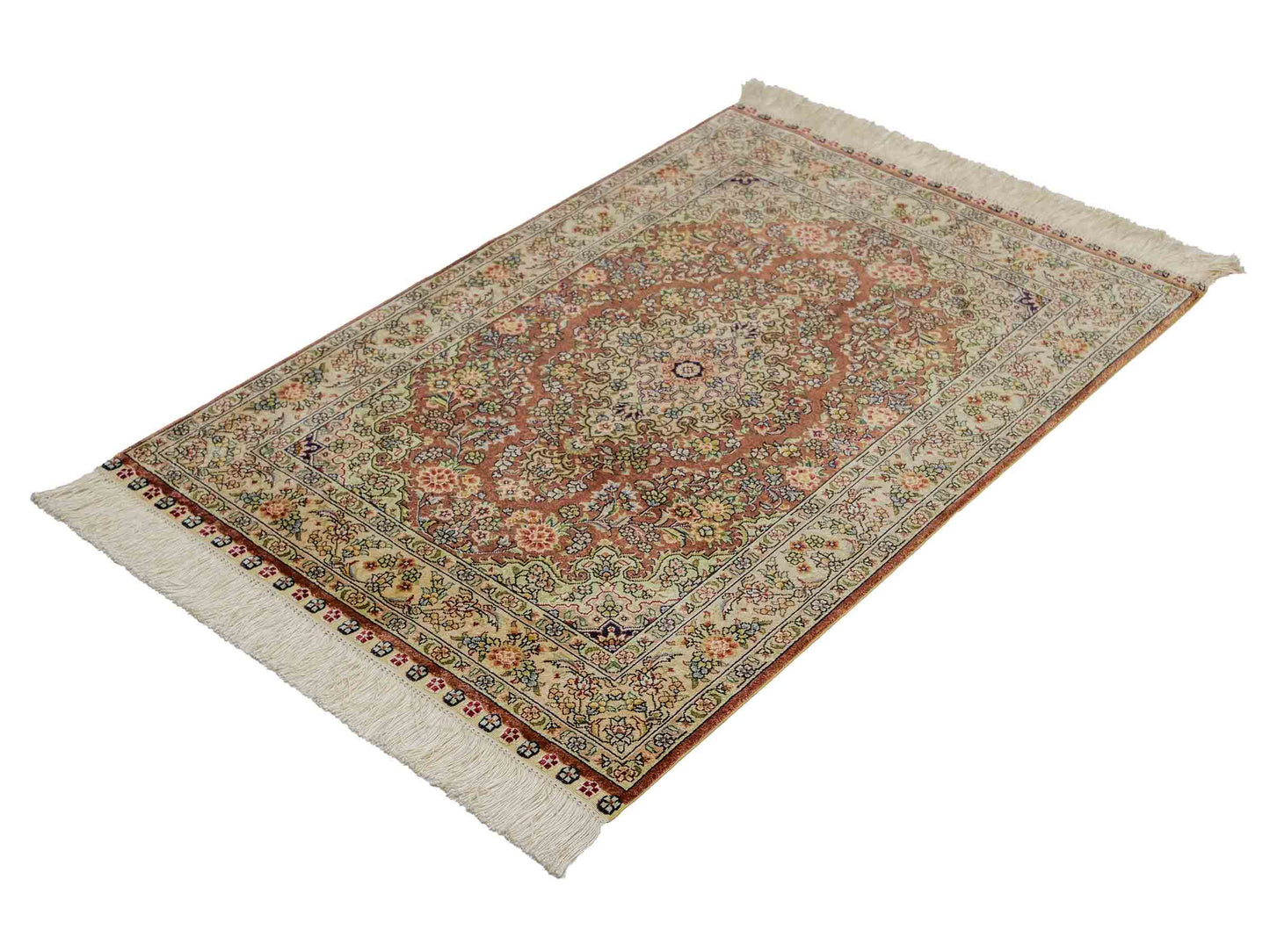 Sehr feiner, handgeknüpfter Khademi Orientteppich mit Hereke Design aus reiner Seide, rosa, creme. 93x63 cm. Vertrieb durch Jupiter Intl.