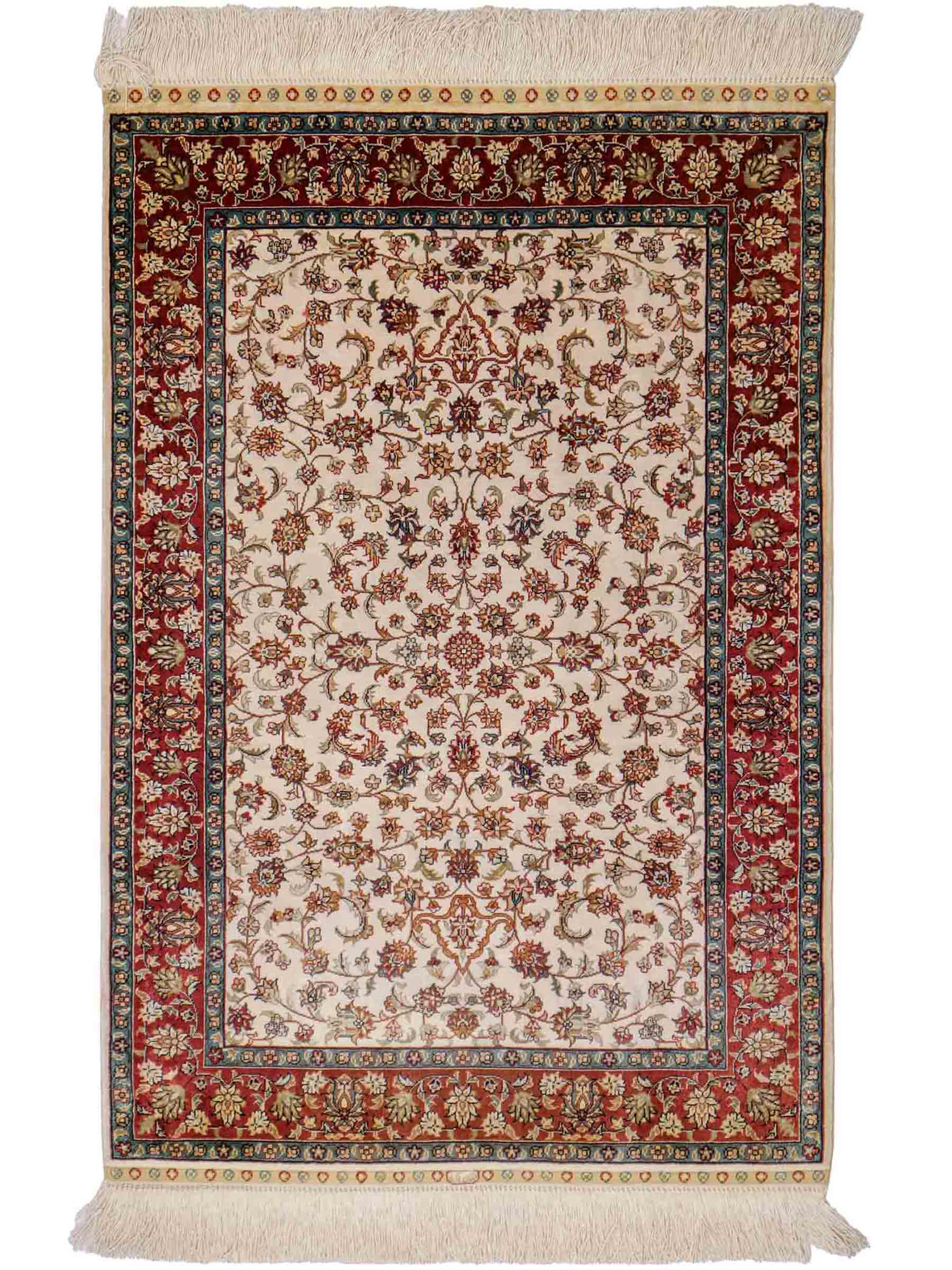 Sehr feiner, handgeknüpfter Khademi Orientteppich mit Hereke Design aus reiner Seide, creme, weiß, rot. 93x63 cm. Vertrieb durch Jupiter Intl.