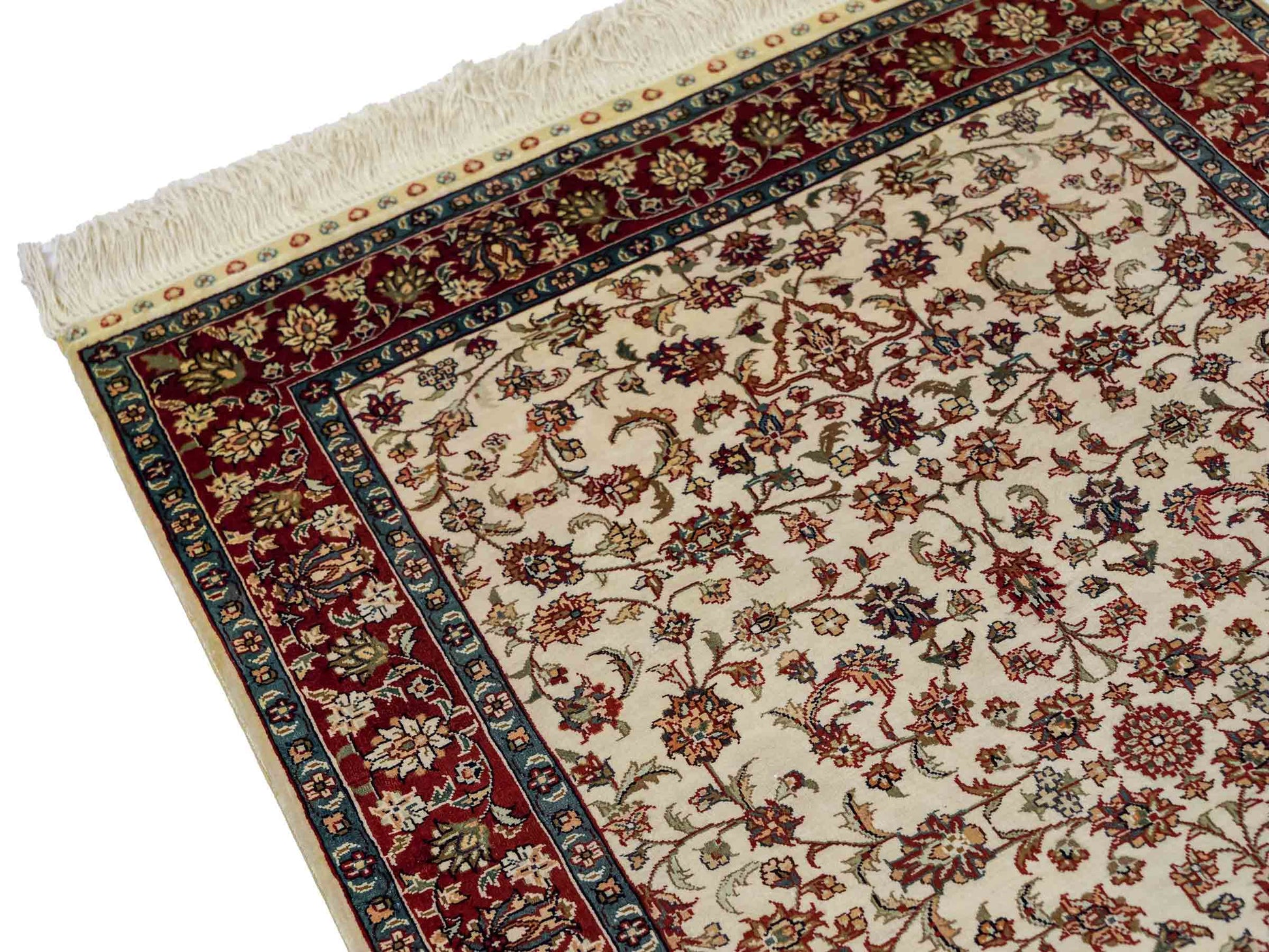 Sehr feiner, handgeknüpfter Khademi Orientteppich mit Hereke Design aus reiner Seide, creme, weiß, rot. 93x63 cm. Vertrieb durch Jupiter Intl.