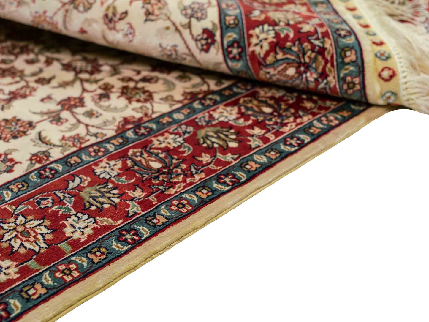 Sehr feiner, handgeknüpfter Khademi Orientteppich mit Hereke Design aus reiner Seide, creme, weiß, rot. 93x63 cm. Vertrieb durch Jupiter Intl.