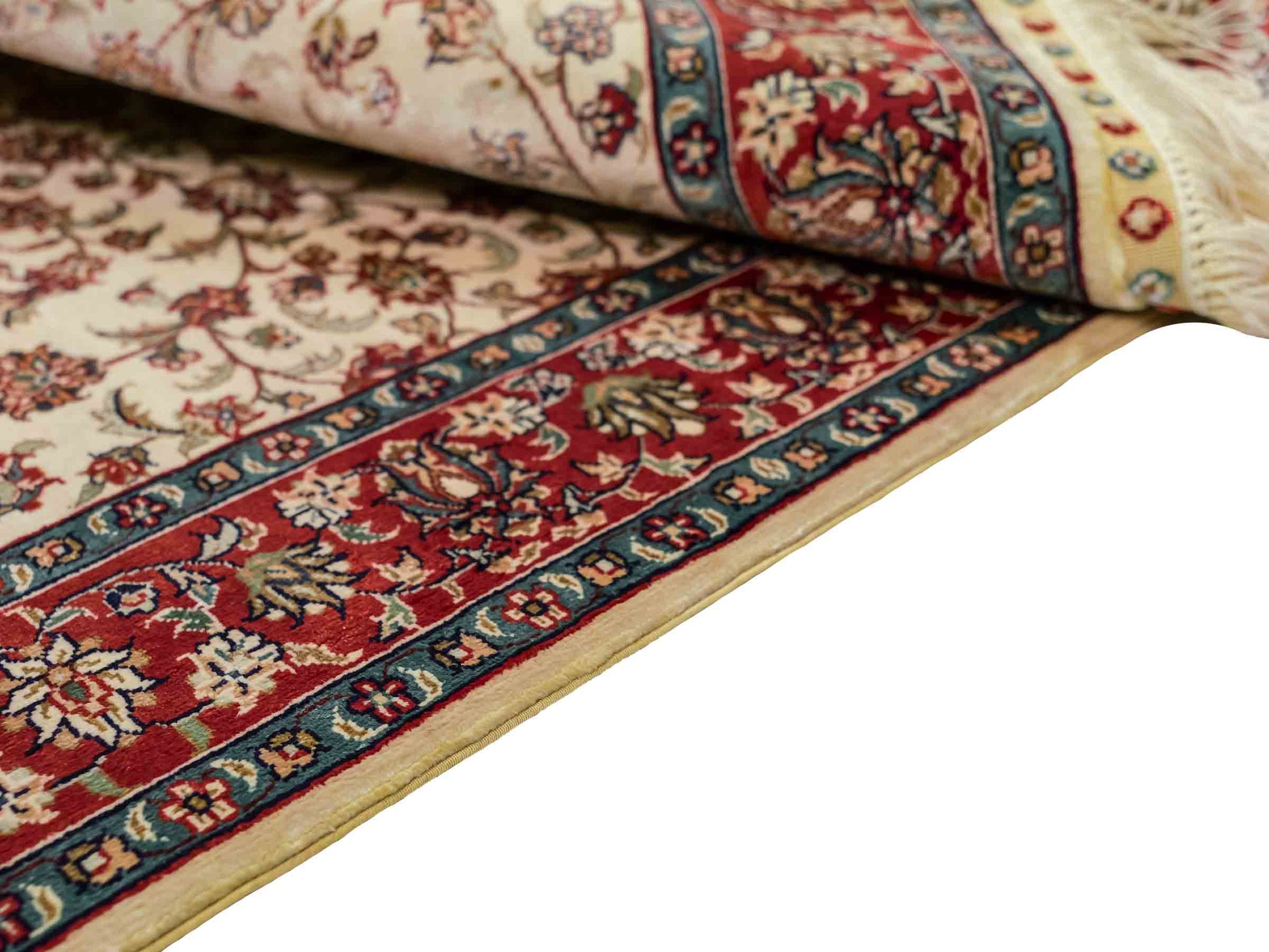 Sehr feiner, handgeknüpfter Khademi Orientteppich mit Hereke Design aus reiner Seide, creme, weiß, rot. 93x63 cm. Vertrieb durch Jupiter Intl.