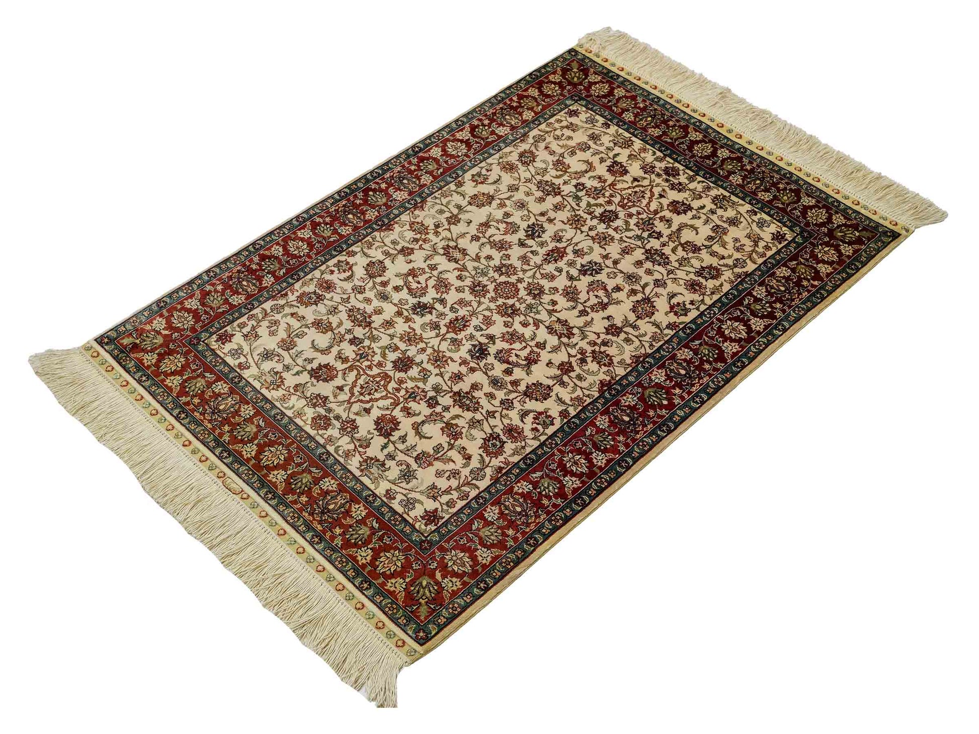 Sehr feiner, handgeknüpfter Khademi Orientteppich mit Hereke Design aus reiner Seide, creme, weiß, rot. 93x63 cm. Vertrieb durch Jupiter Intl.