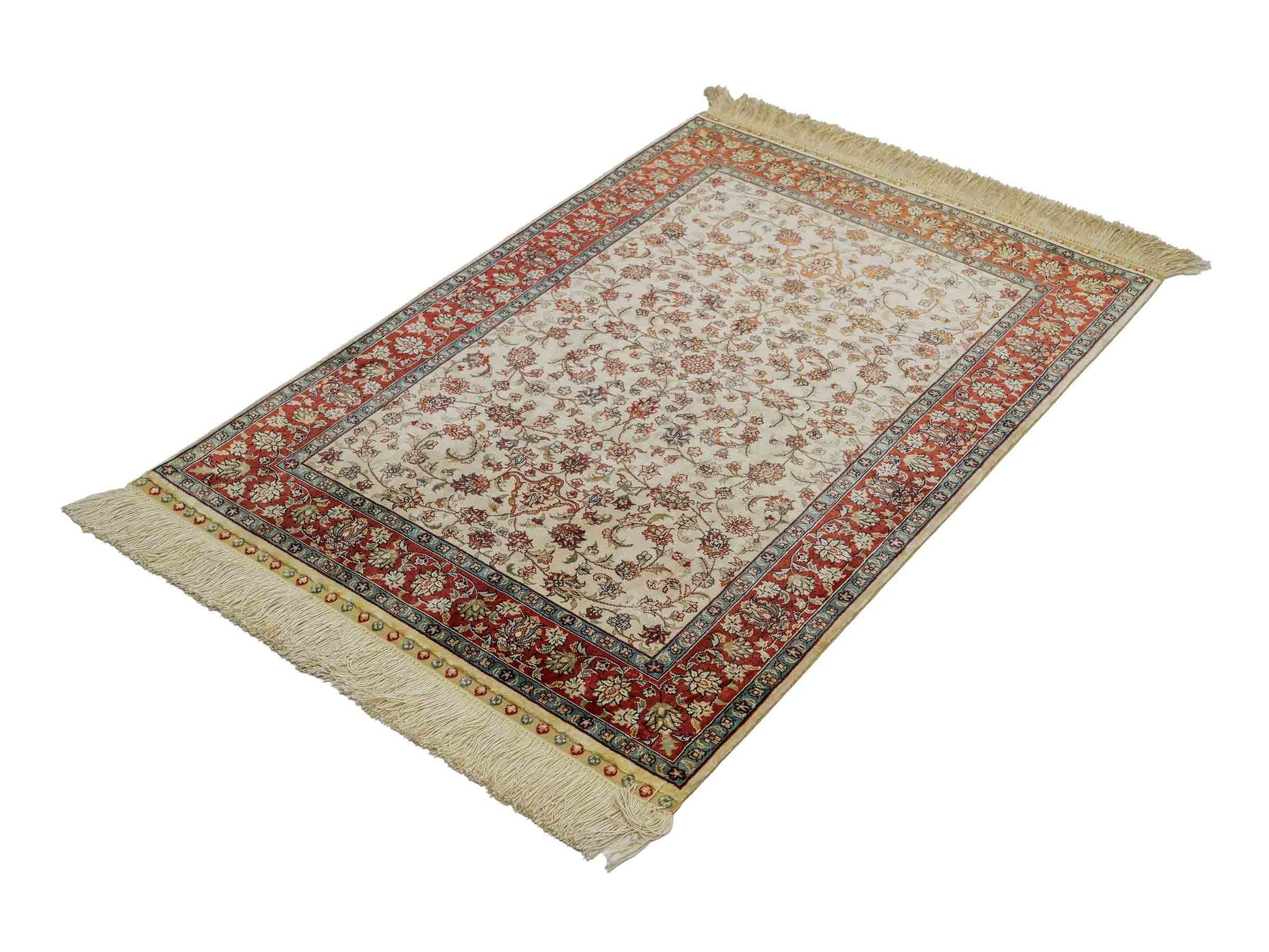 Sehr feiner, handgeknüpfter Khademi Orientteppich mit Hereke Design aus reiner Seide, creme, weiß, rot. 93x63 cm. Vertrieb durch Jupiter Intl.