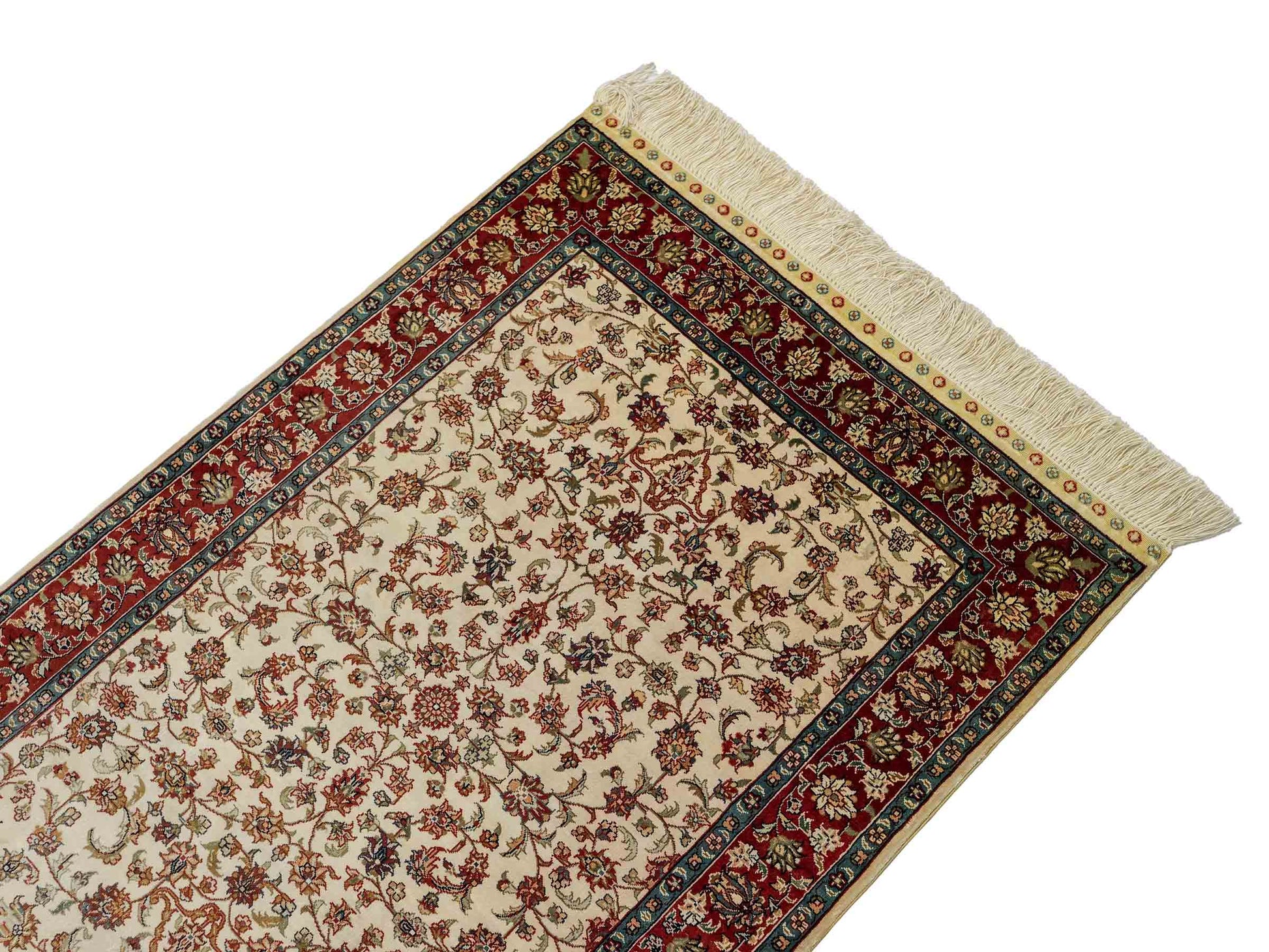 Sehr feiner, handgeknüpfter Khademi Orientteppich mit Hereke Design aus reiner Seide, creme, weiß, rot. 93x63 cm. Vertrieb durch Jupiter Intl.