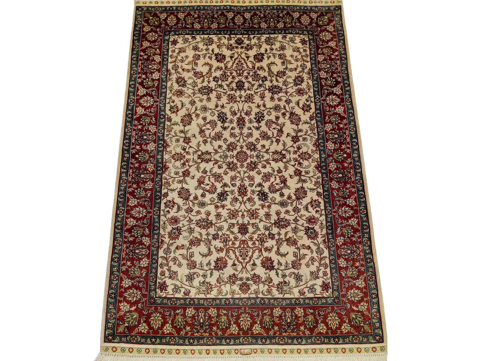 Sehr feiner, handgeknüpfter Khademi Orientteppich mit Hereke Design aus reiner Seide, creme, weiß, rot. 93x63 cm. Vertrieb durch Jupiter Intl.