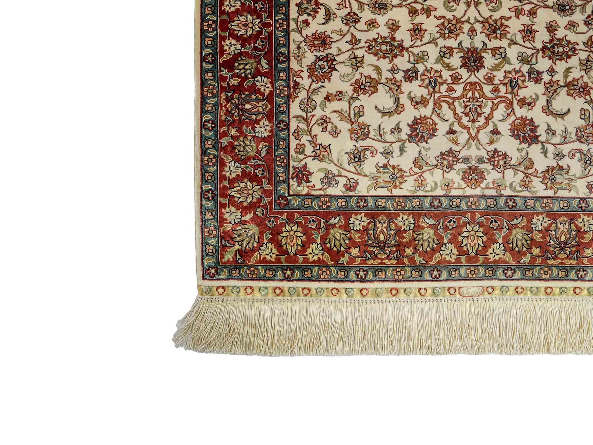 Sehr feiner, handgeknüpfter Khademi Orientteppich mit Hereke Design aus reiner Seide, creme, weiß, rot. 93x63 cm. Vertrieb durch Jupiter Intl.