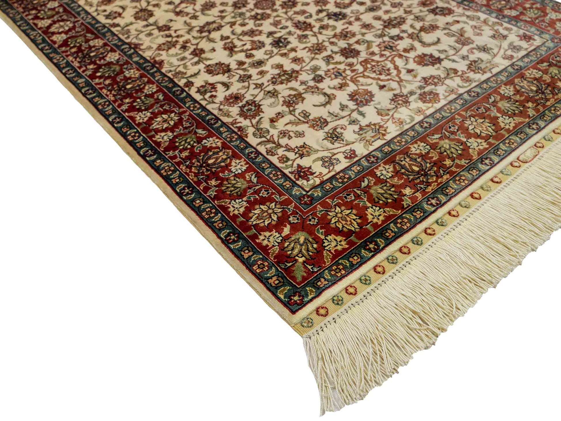 Sehr feiner, handgeknüpfter Khademi Orientteppich mit Hereke Design aus reiner Seide, creme, weiß, rot. 93x63 cm. Vertrieb durch Jupiter Intl.