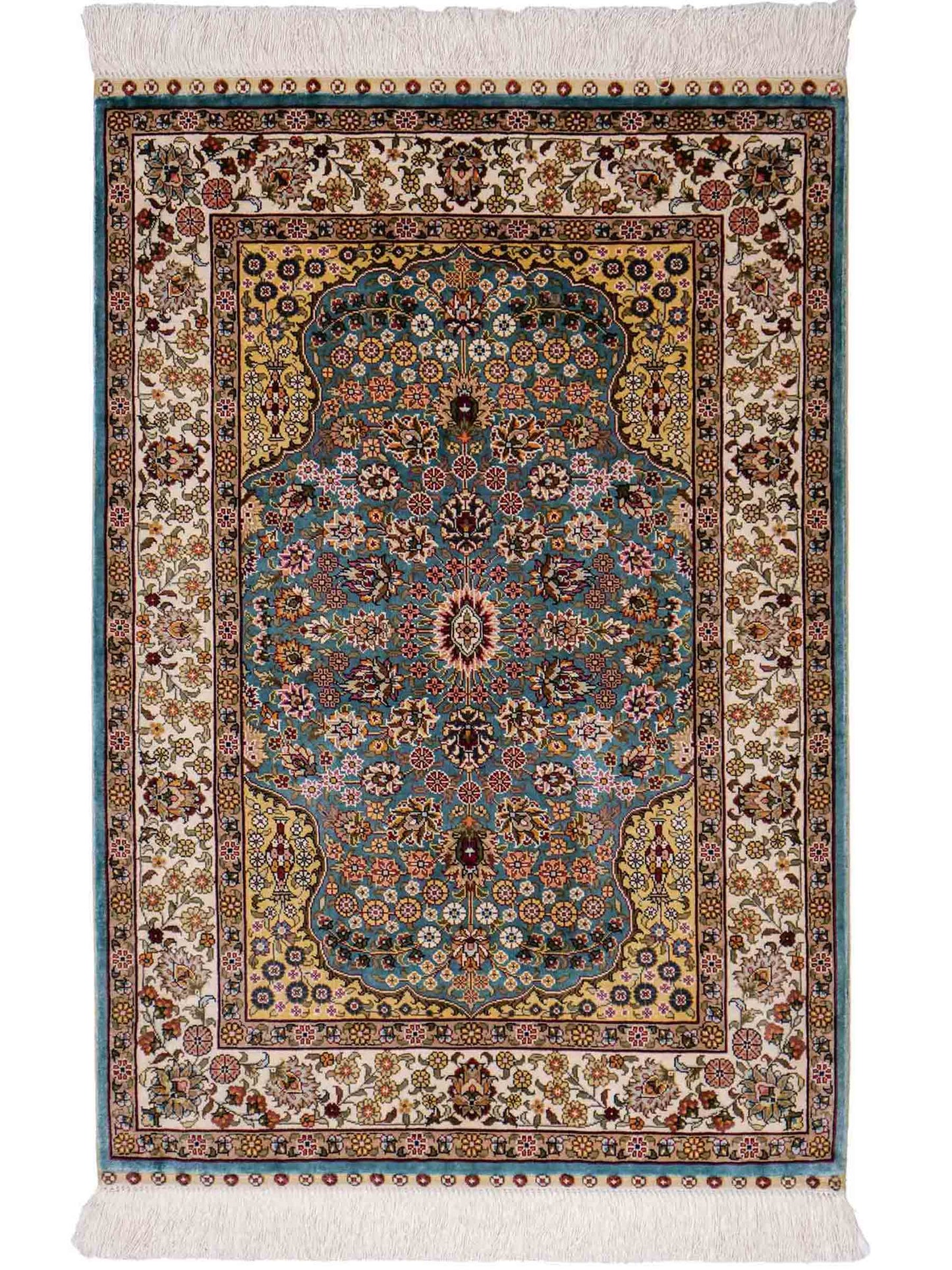 Sehr feiner, handgeknüpfter Khademi Orientteppich mit Hereke Design aus reiner Seide, blau, creme, beige. 93x63 cm. Vertrieb durch Jupiter Intl.