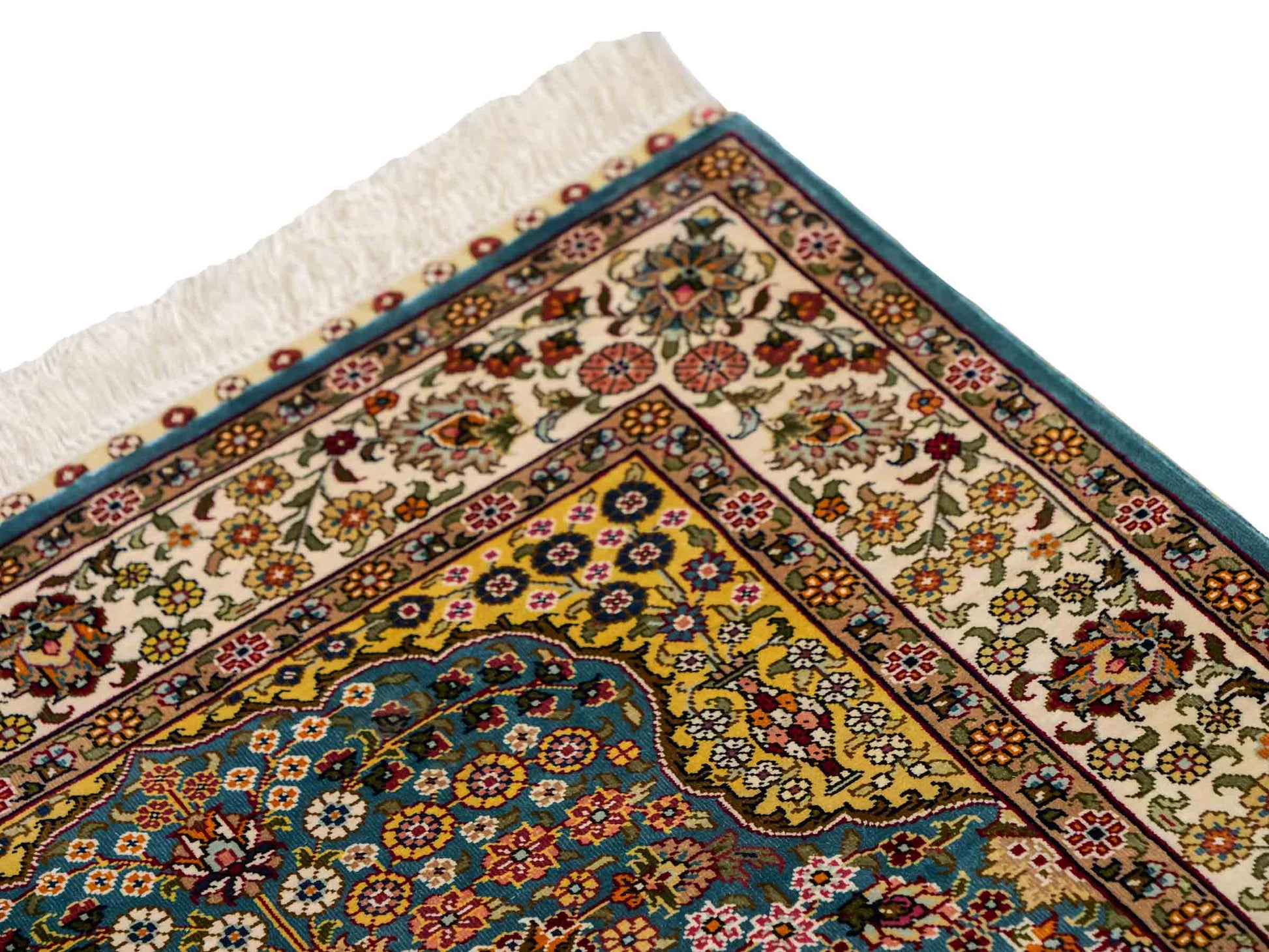 Sehr feiner, handgeknüpfter Khademi Orientteppich mit Hereke Design aus reiner Seide, blau, creme, beige. 93x63 cm. Vertrieb durch Jupiter Intl.