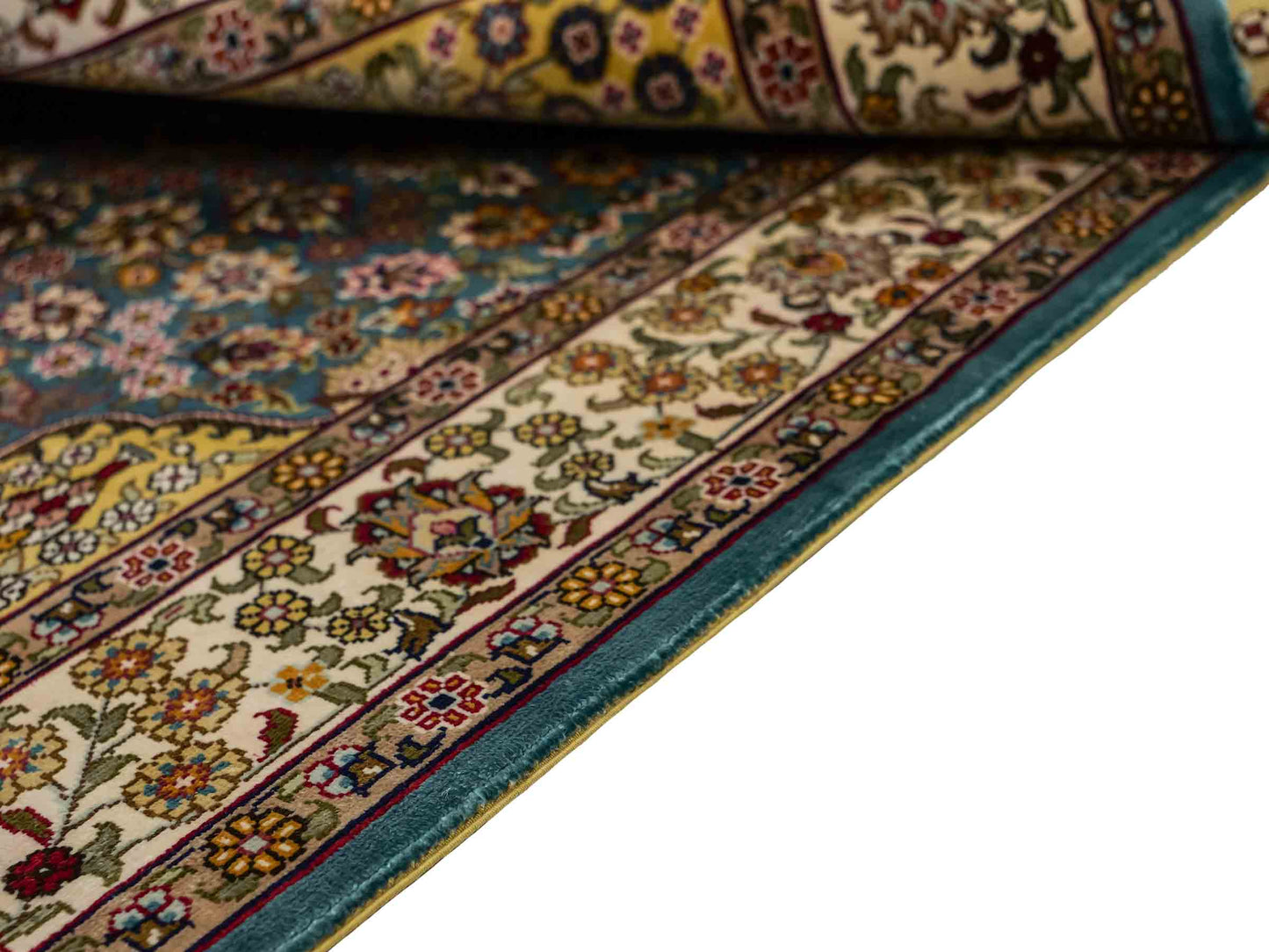 Sehr feiner, handgeknüpfter Khademi Orientteppich mit Hereke Design aus reiner Seide, blau, creme, beige. 93x63 cm. Vertrieb durch Jupiter Intl.