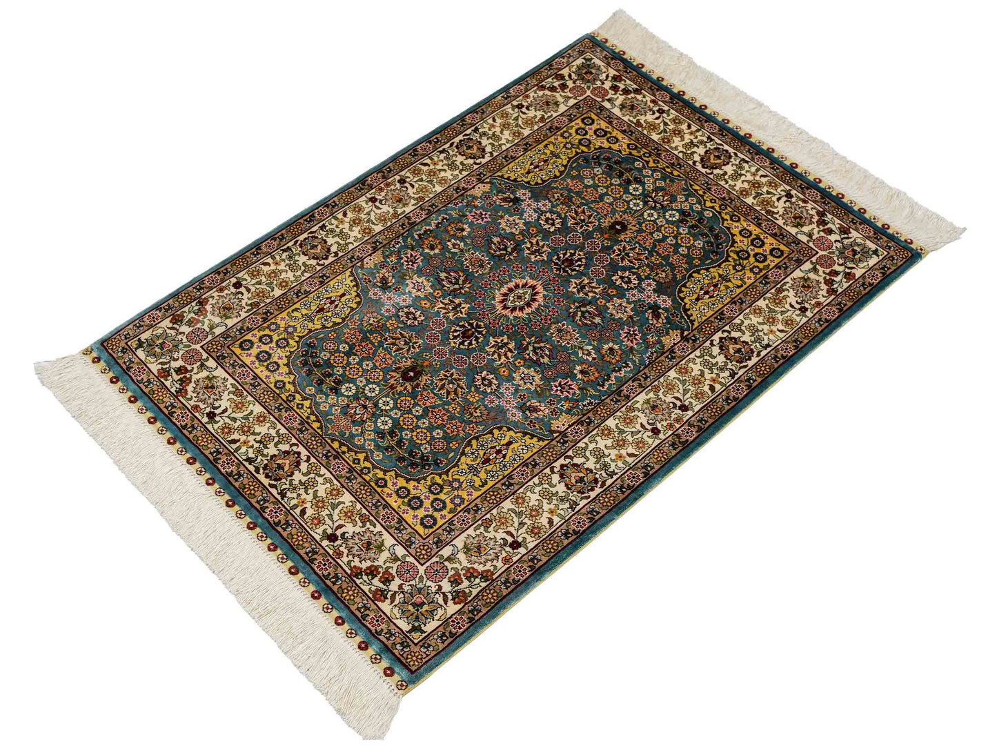 Sehr feiner, handgeknüpfter Khademi Orientteppich mit Hereke Design aus reiner Seide, blau, creme, beige. 93x63 cm. Vertrieb durch Jupiter Intl.