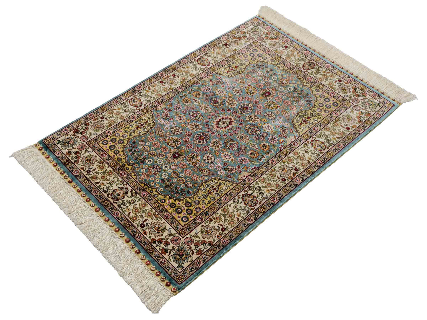 Sehr feiner, handgeknüpfter Khademi Orientteppich mit Hereke Design aus reiner Seide, blau, creme, beige. 93x63 cm. Vertrieb durch Jupiter Intl.