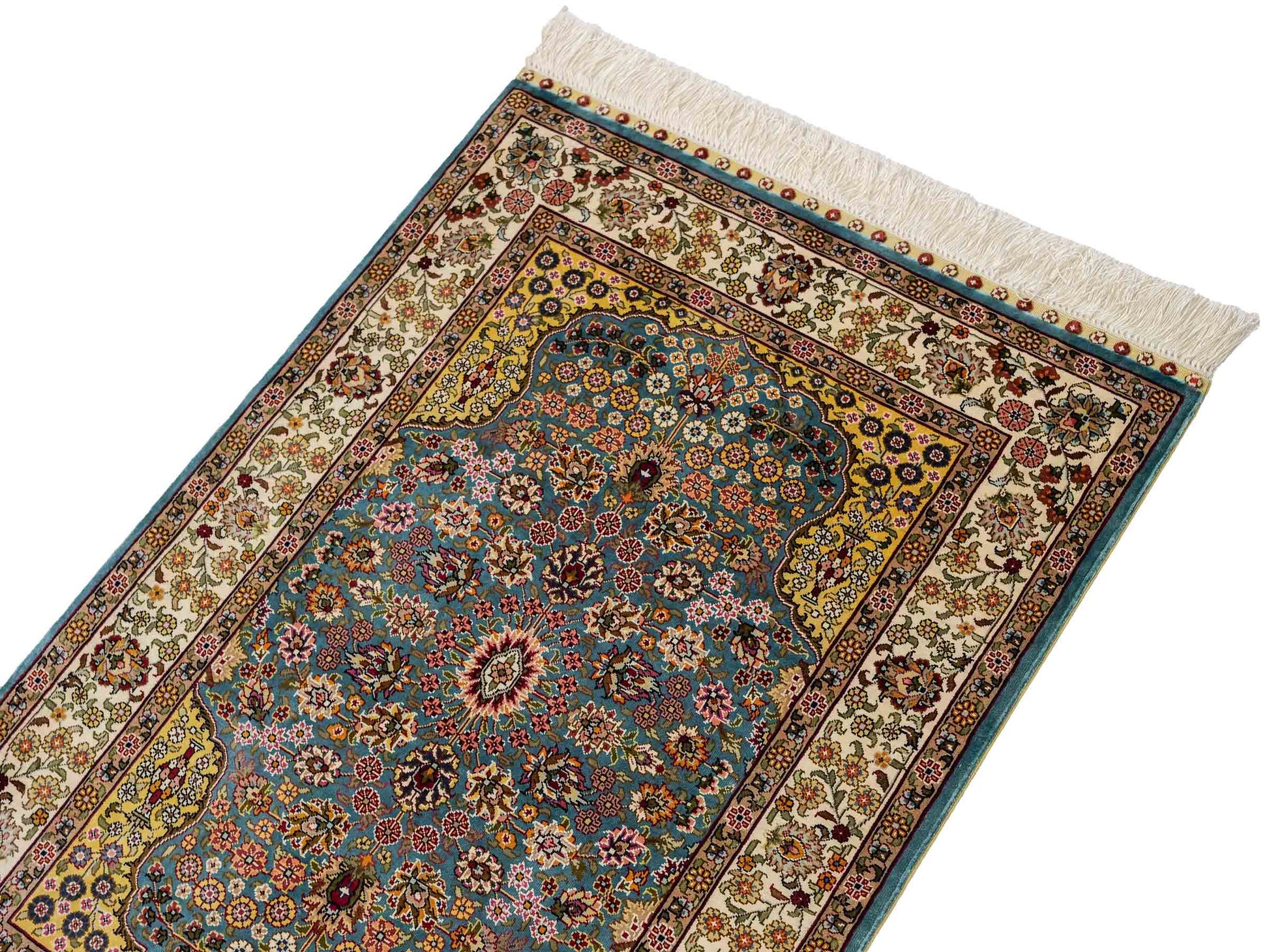 Sehr feiner, handgeknüpfter Khademi Orientteppich mit Hereke Design aus reiner Seide, blau, creme, beige. 93x63 cm. Vertrieb durch Jupiter Intl.