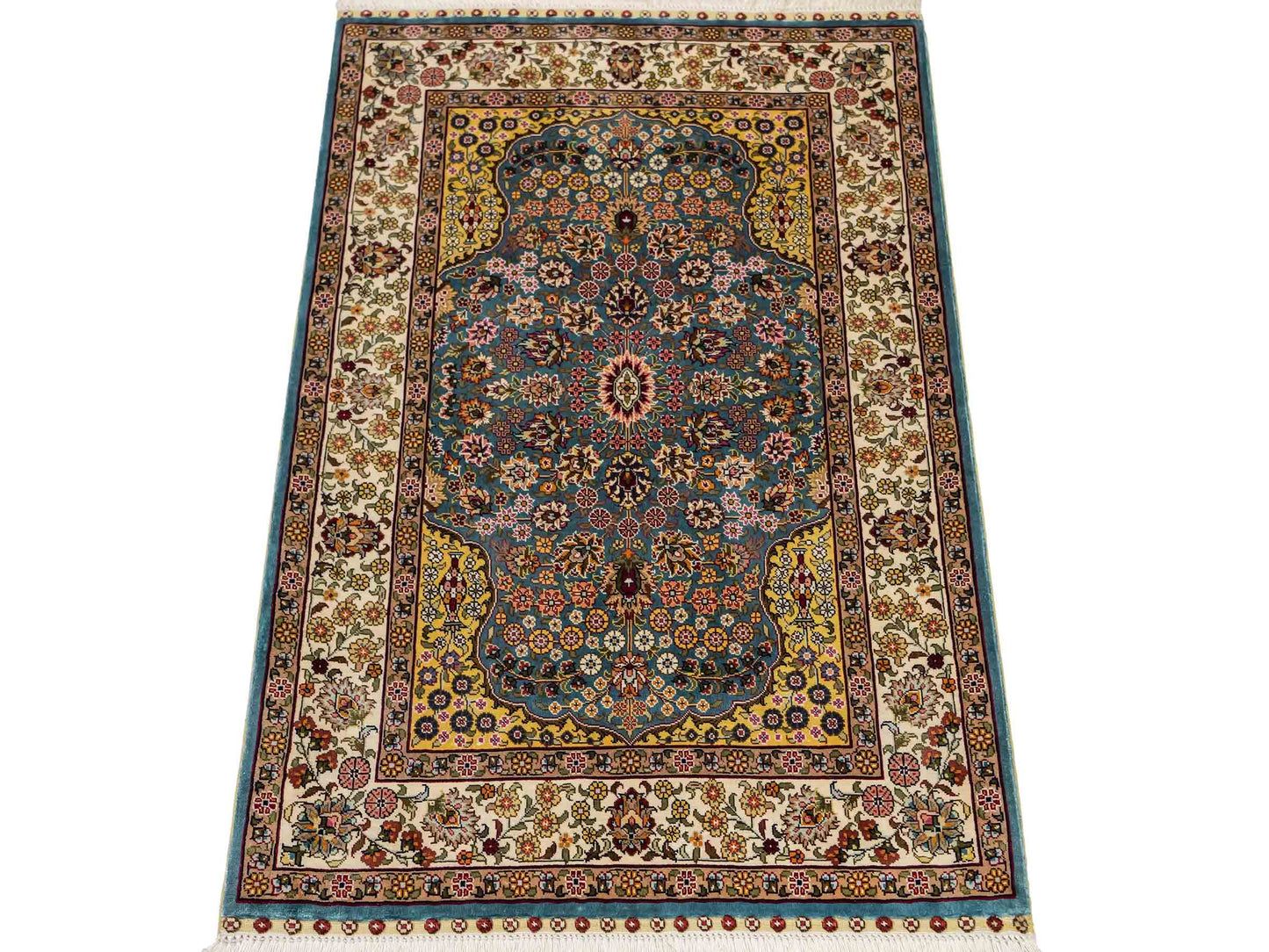 Sehr feiner, handgeknüpfter Khademi Orientteppich mit Hereke Design aus reiner Seide, blau, creme, beige. 93x63 cm. Vertrieb durch Jupiter Intl.