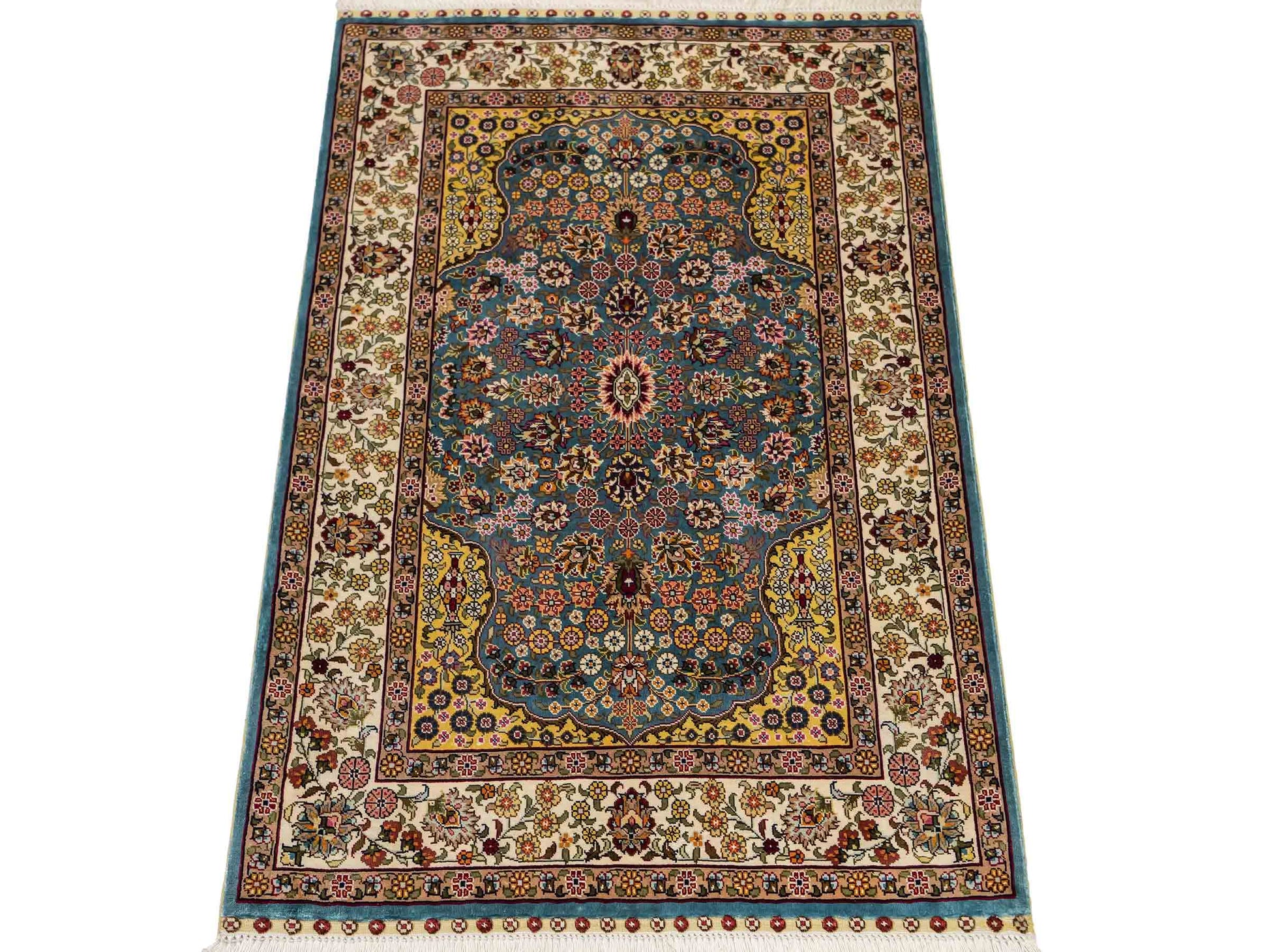 Sehr feiner, handgeknüpfter Khademi Orientteppich mit Hereke Design aus reiner Seide, blau, creme, beige. 93x63 cm. Vertrieb durch Jupiter Intl.