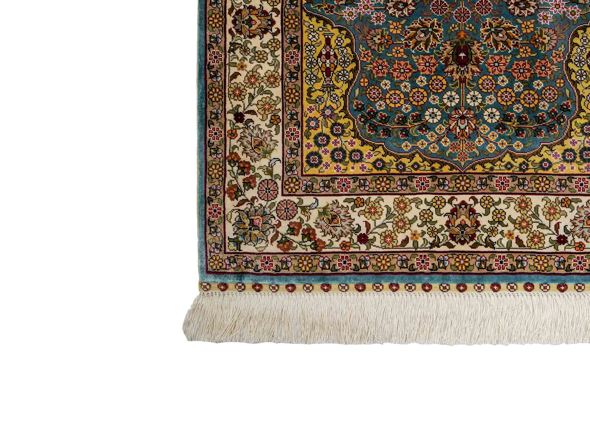 Sehr feiner, handgeknüpfter Khademi Orientteppich mit Hereke Design aus reiner Seide, blau, creme, beige. 93x63 cm. Vertrieb durch Jupiter Intl.