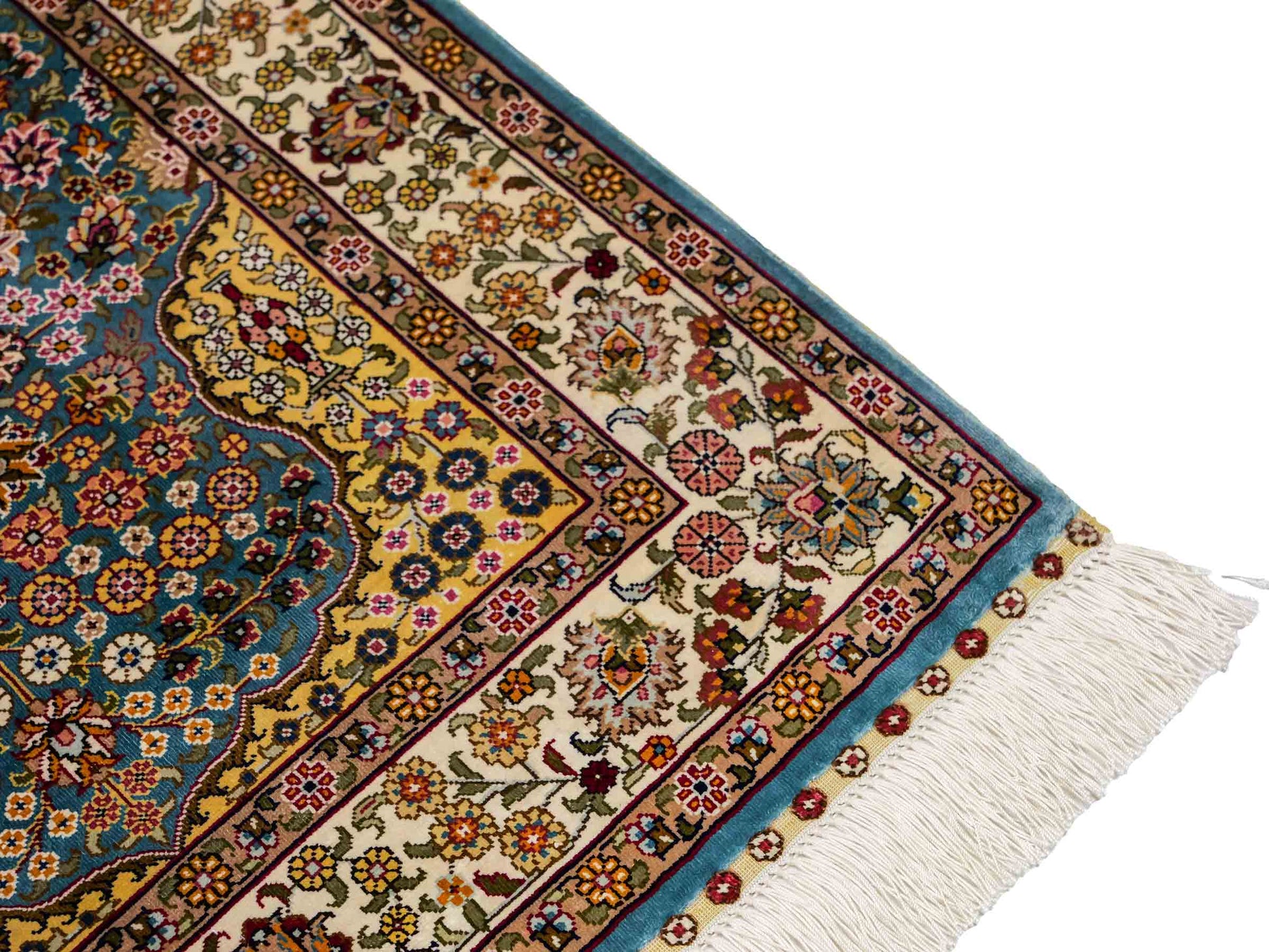 Sehr feiner, handgeknüpfter Khademi Orientteppich mit Hereke Design aus reiner Seide, blau, creme, beige. 93x63 cm. Vertrieb durch Jupiter Intl.